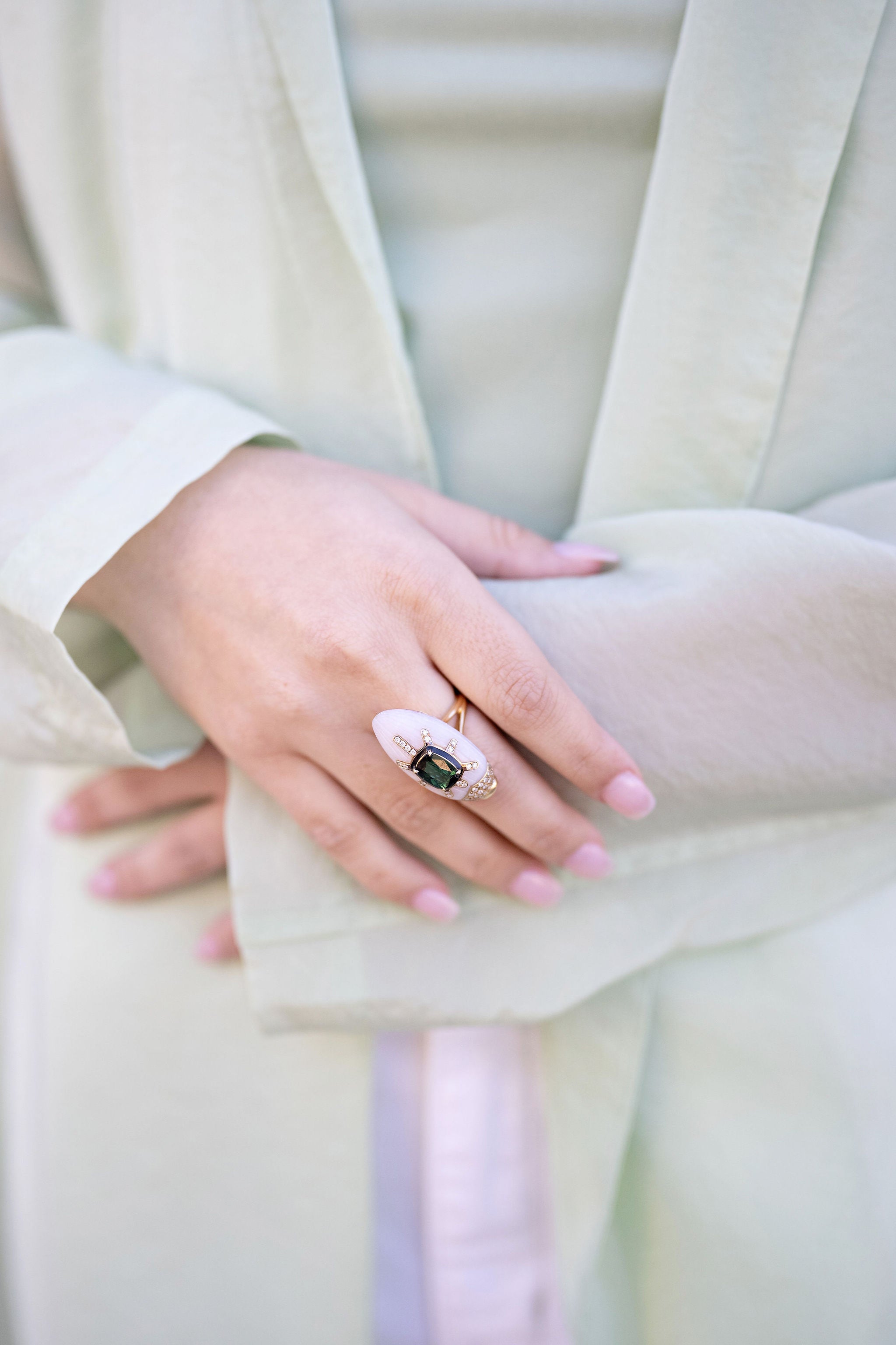 Pink Opal Scarab Ring with Green Tourmaline