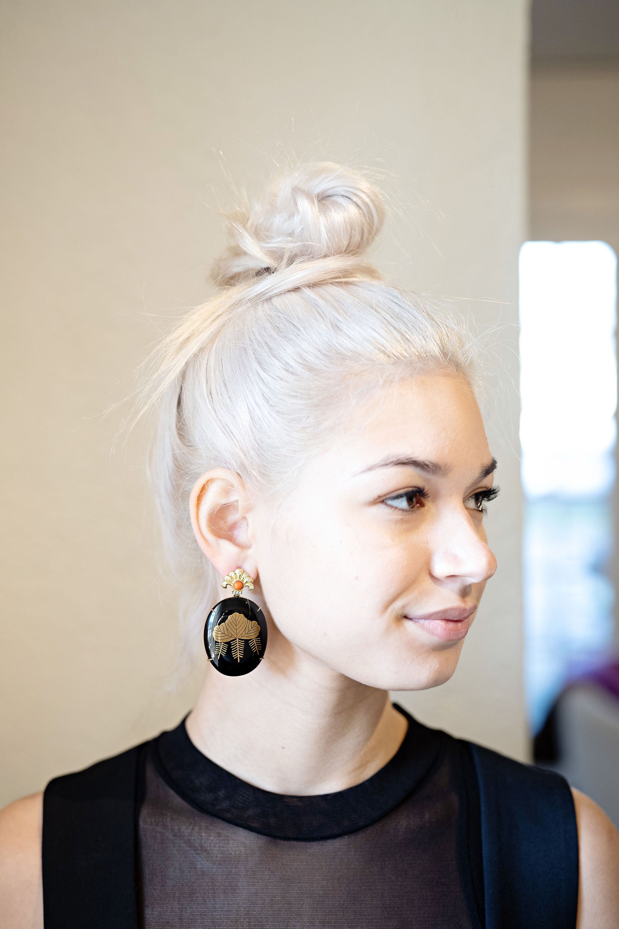Black Japanese Lacquer Earrings w/ Gold Motif