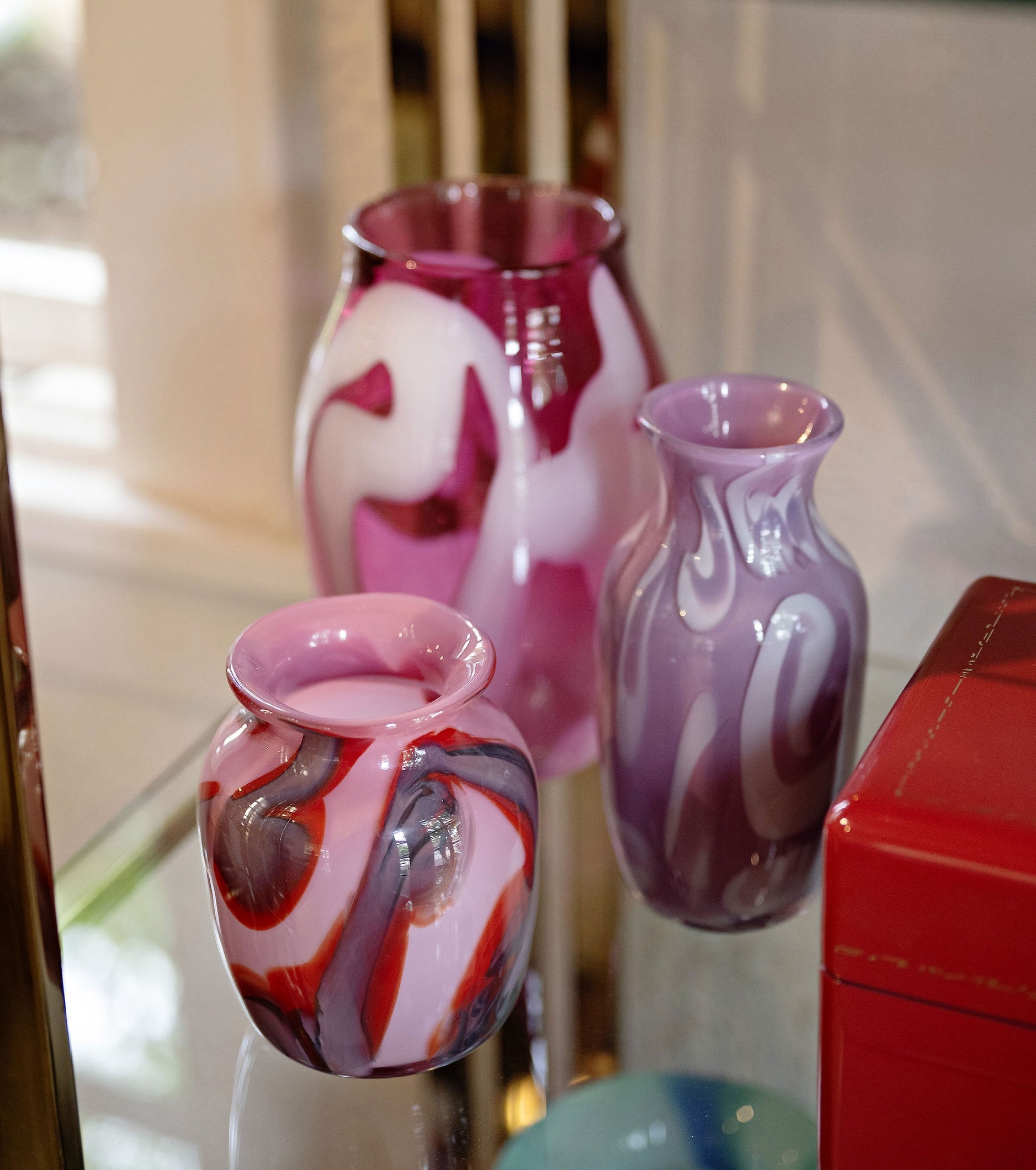 Pink Vase with Red & Black Swirls