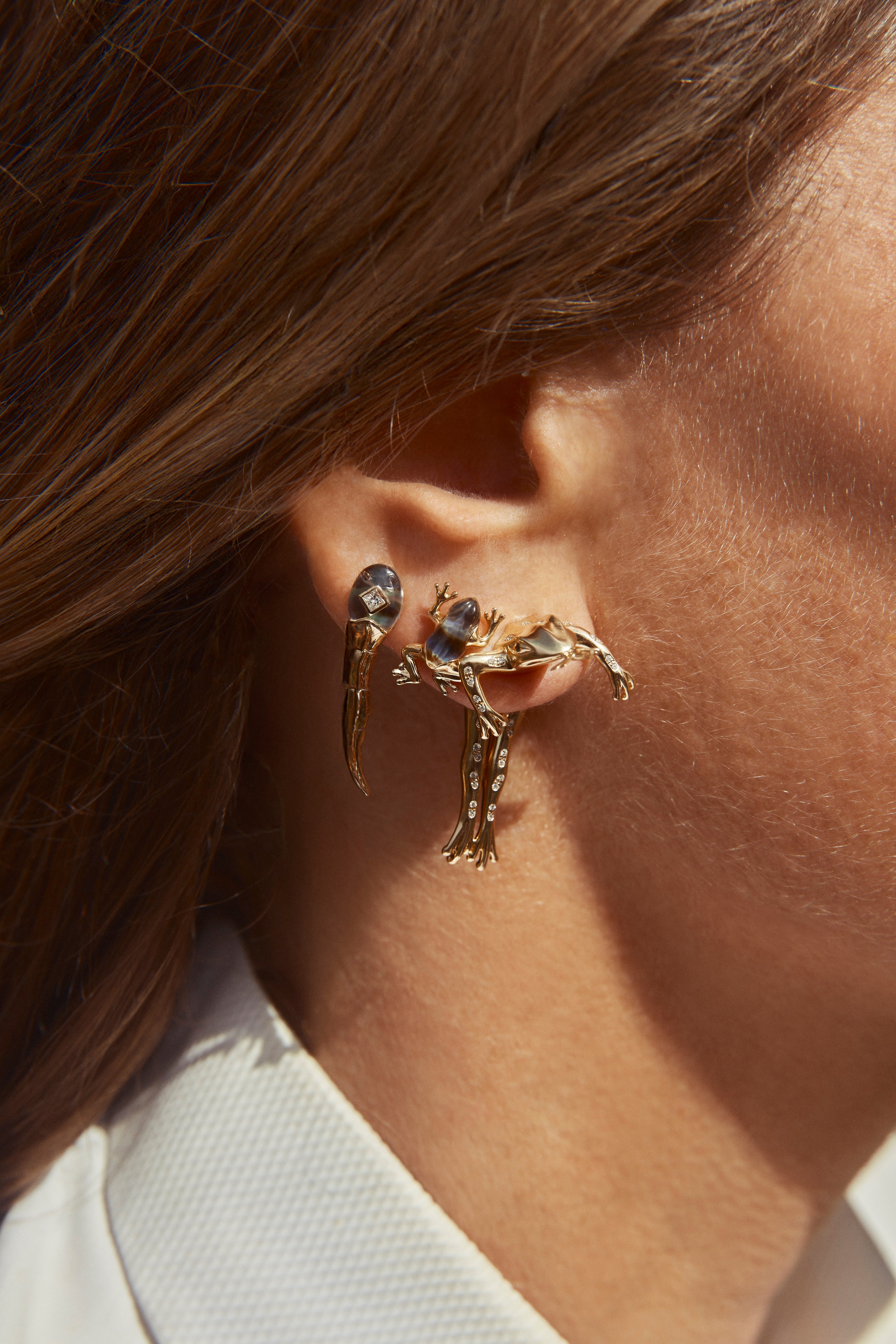 18k yellow gold opal and white quartz carved frog stud earring by Bibi van der Velden Tiny Gods