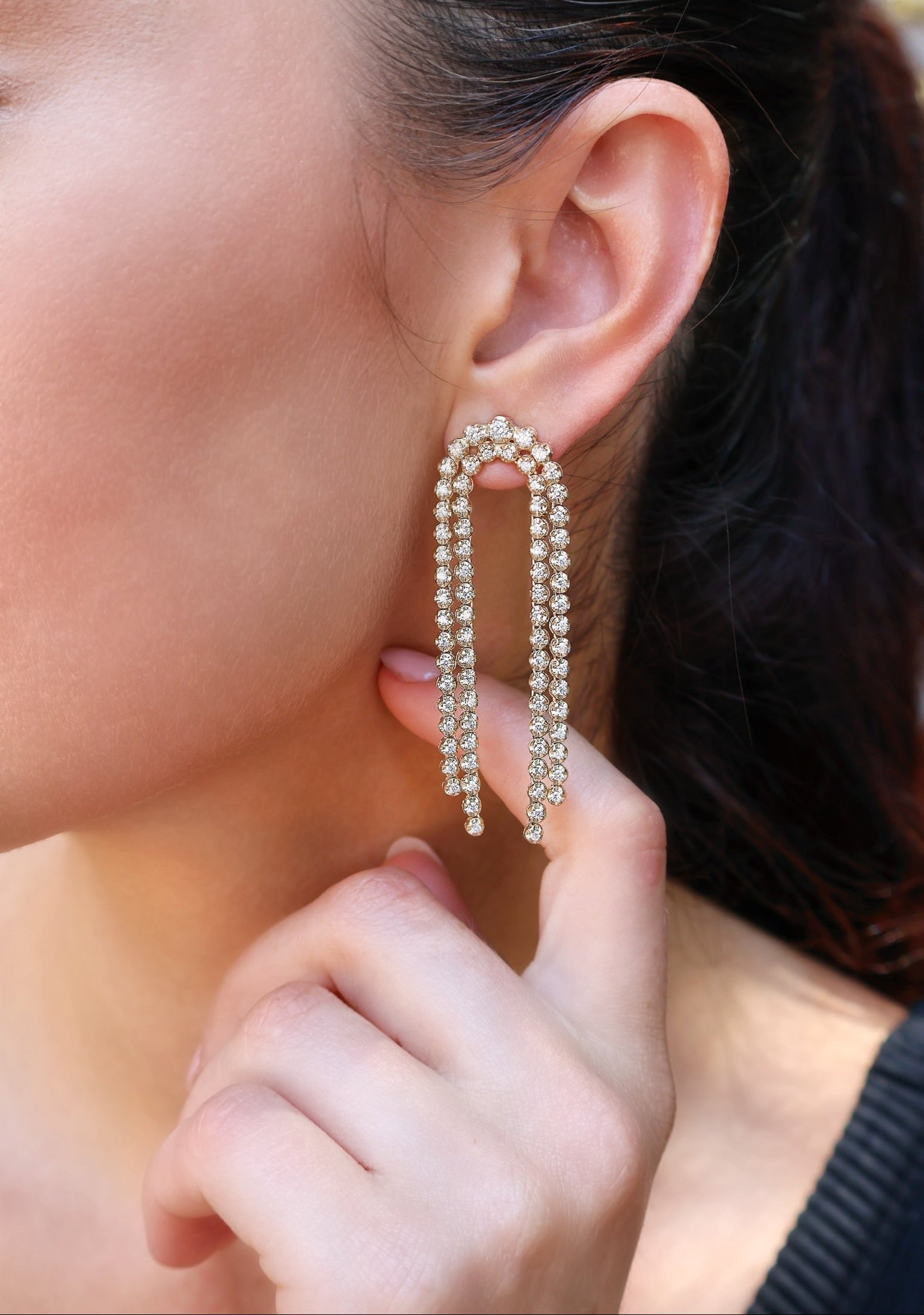 14k yellow gold diamond fringe curved drape curtain earrings Tiny Gods