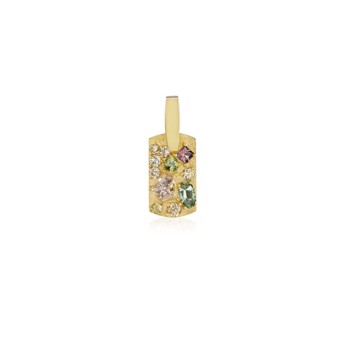 14k yellow gold small dog tag diamonds sapphires by Tender Stone Tiny Gods