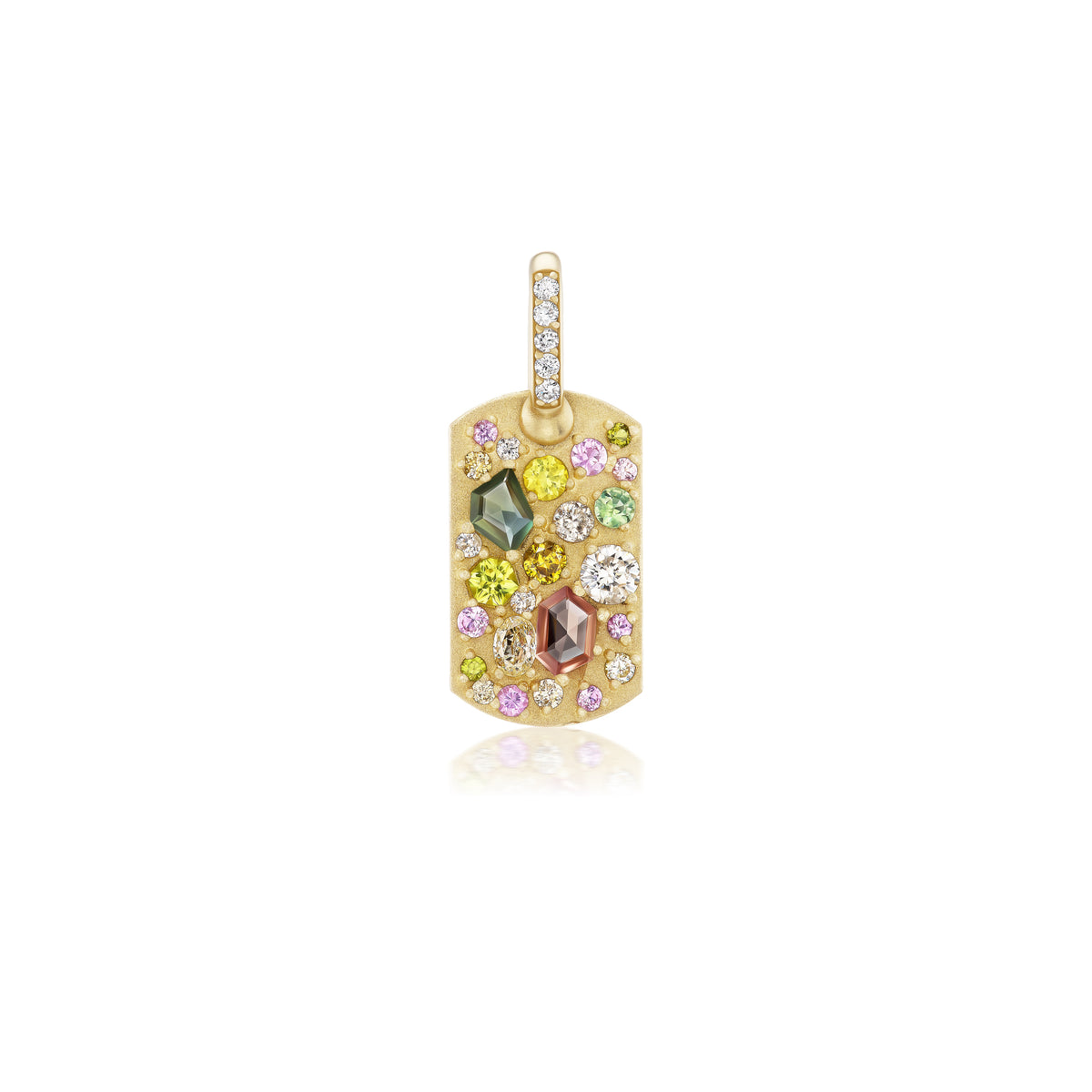 14k yellow gold dog tag pendant charm diamond sapphires by Tender Stone Tiny Gods