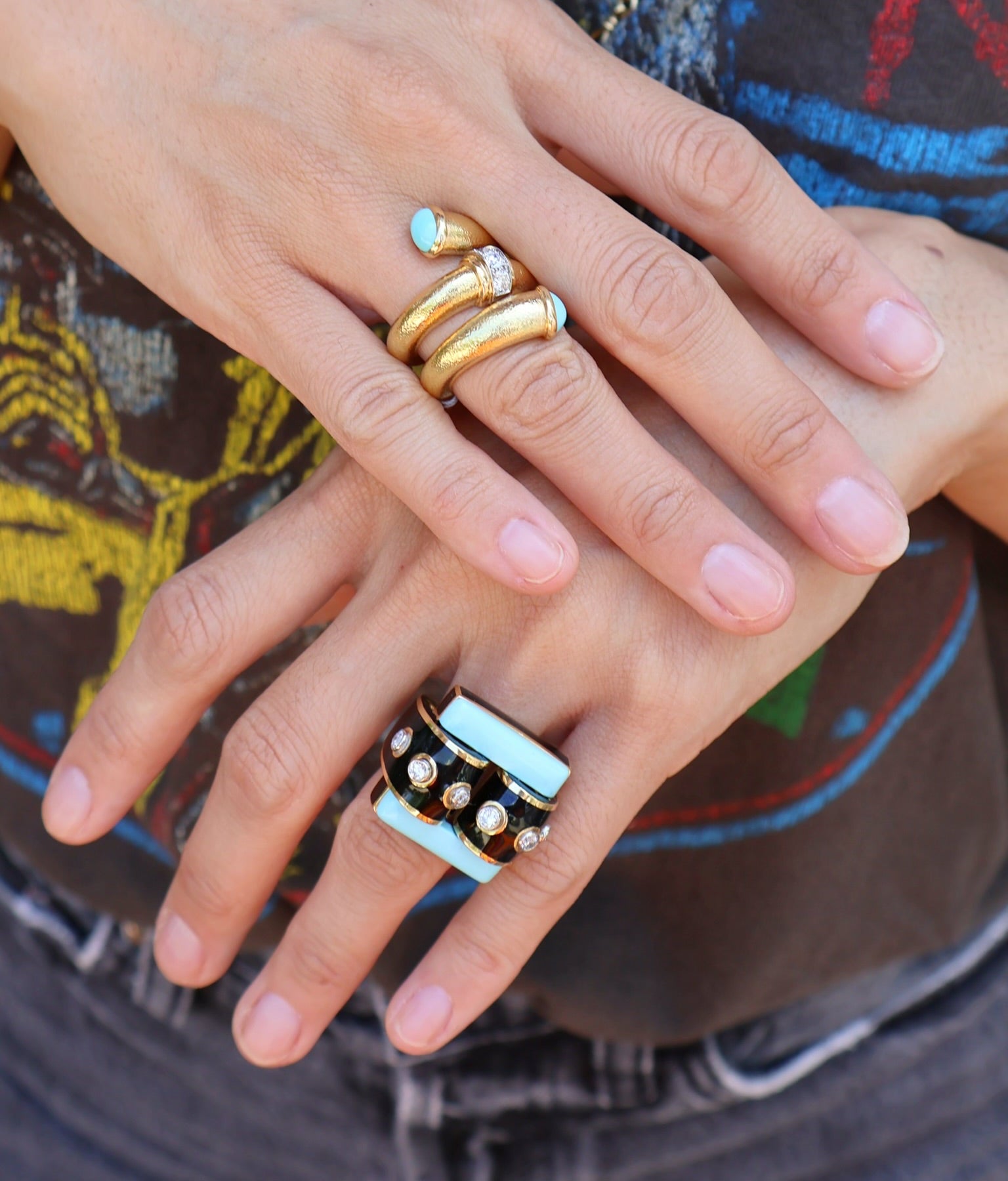 18k yellow gold and platinum domino ring with rectangular turquoise, black enamel and diamond buckle ring by David Webb Tiny Gods