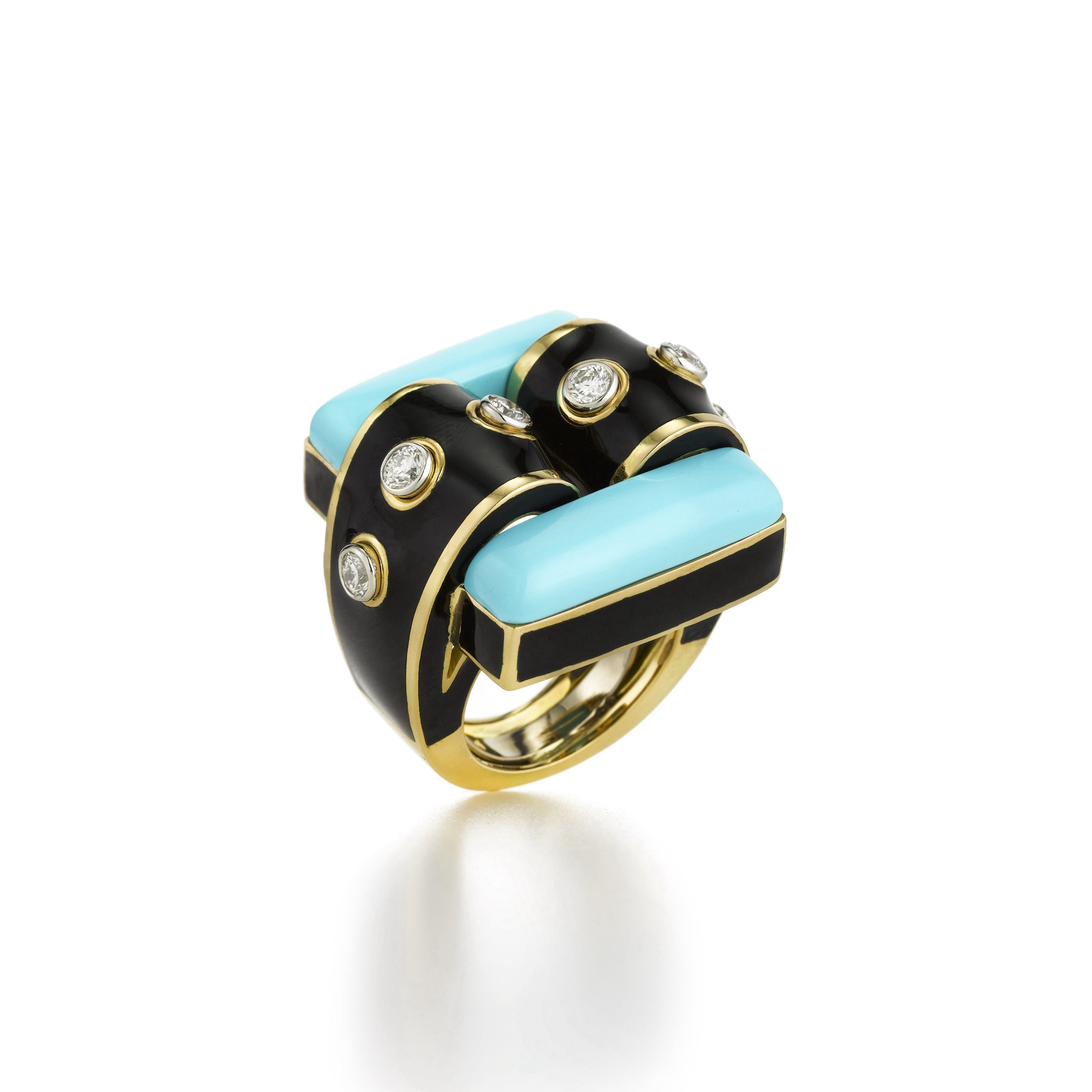 18k yellow gold and platinum domino ring with rectangular turquoise, black enamel and diamond buckle ring by David Webb Tiny Gods