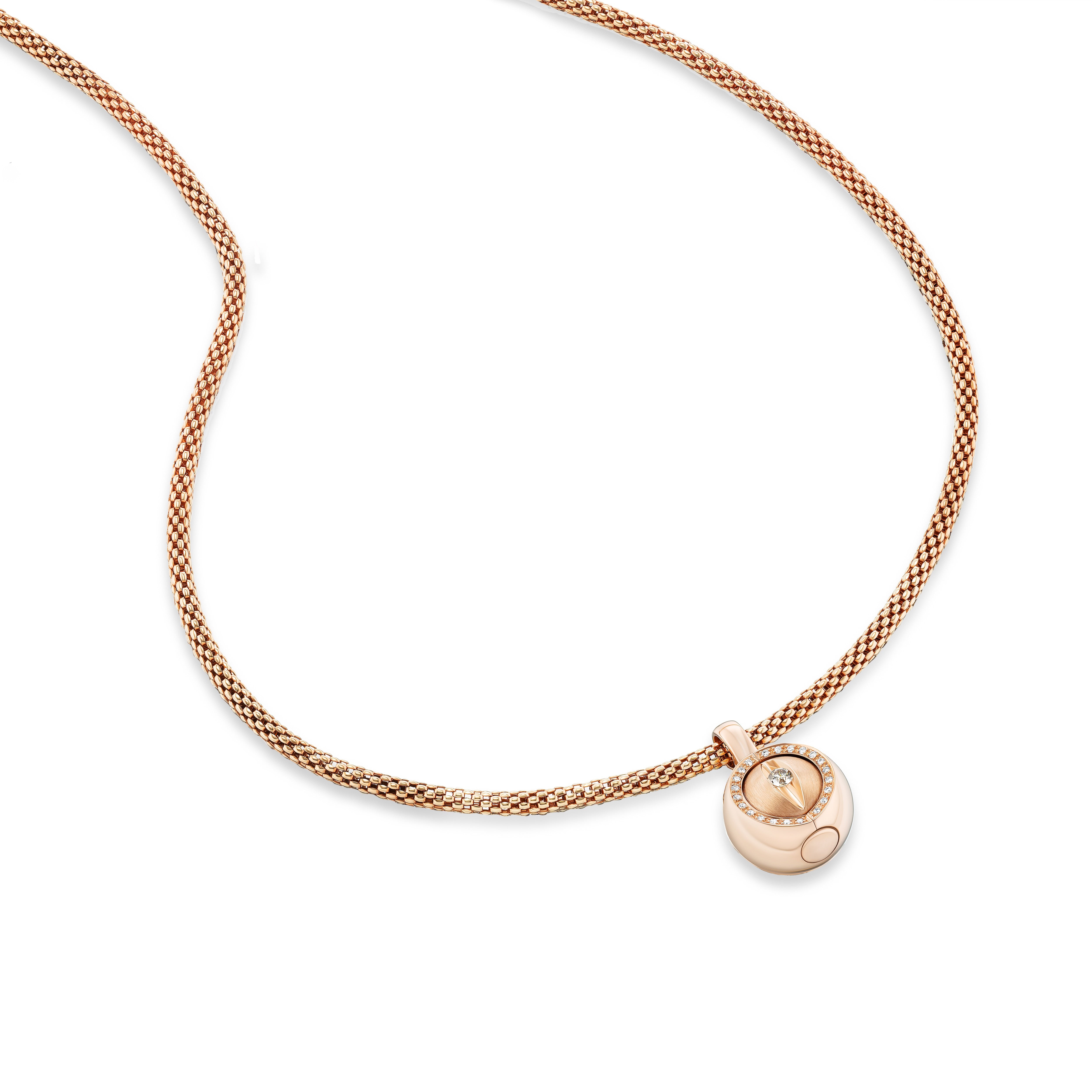 18k rose gold diamond pave orb ball pendant on woven chain with swivel evil eye Lugano necklace Tiny Gods