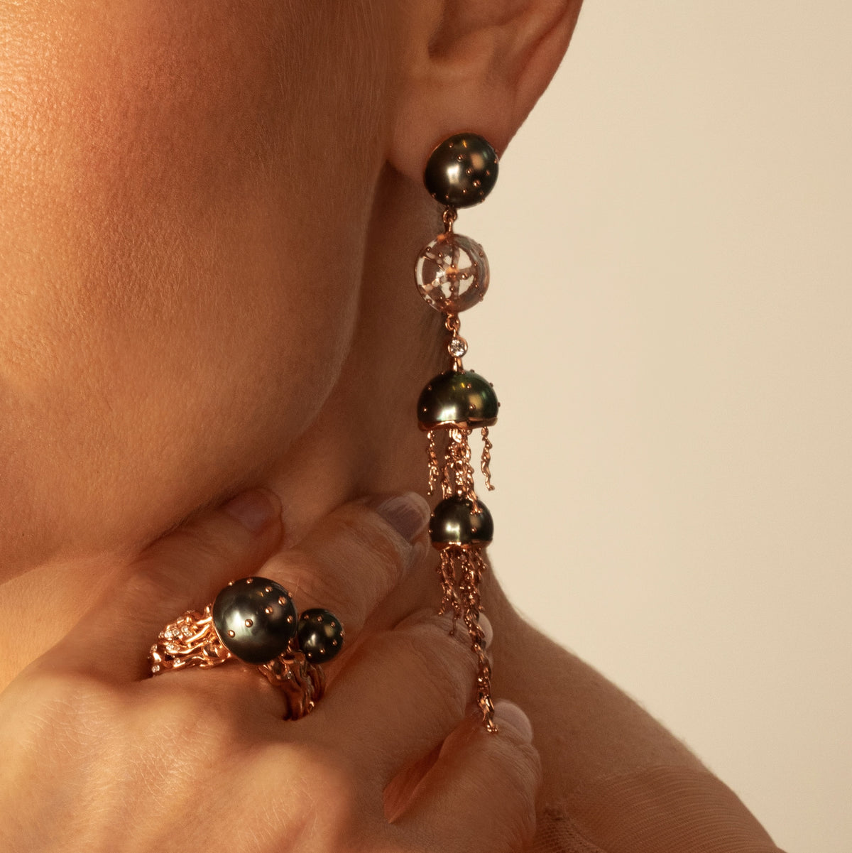 18k rose gold jellyfish tahitian pearl quartz diamond drop earring bestiary collection by Bibi van der Velden Tiny Gods