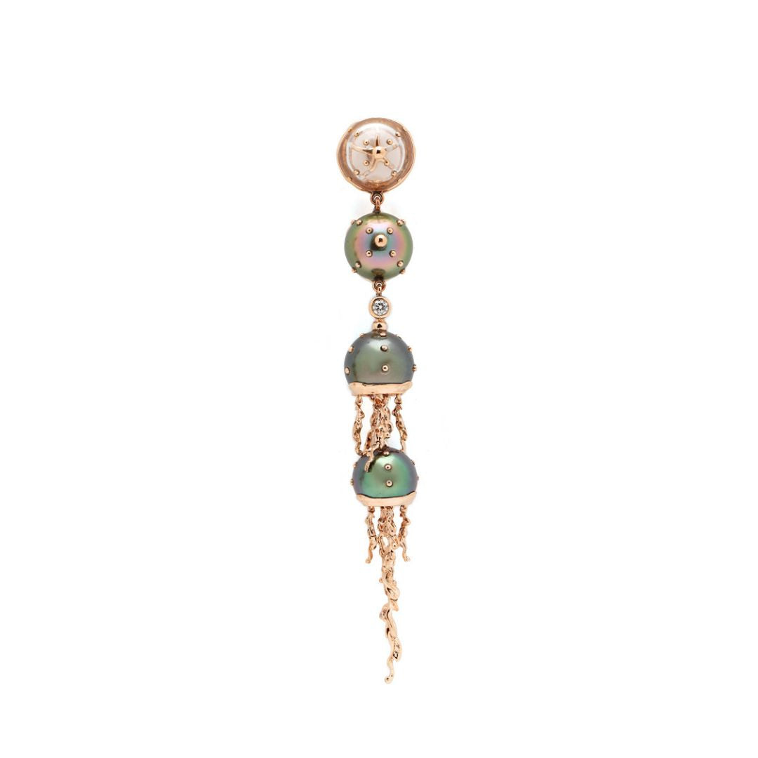 18k rose gold jellyfish tahitian pearl quartz diamons drop earring bestiary collection by Bibi van der Velden Tiny Gods