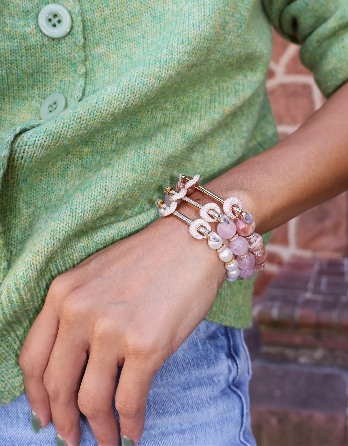 18k rose gold rhodochrosite rose agate beaded chakra bar diamonds bracelet by Ananya Tiny Gods