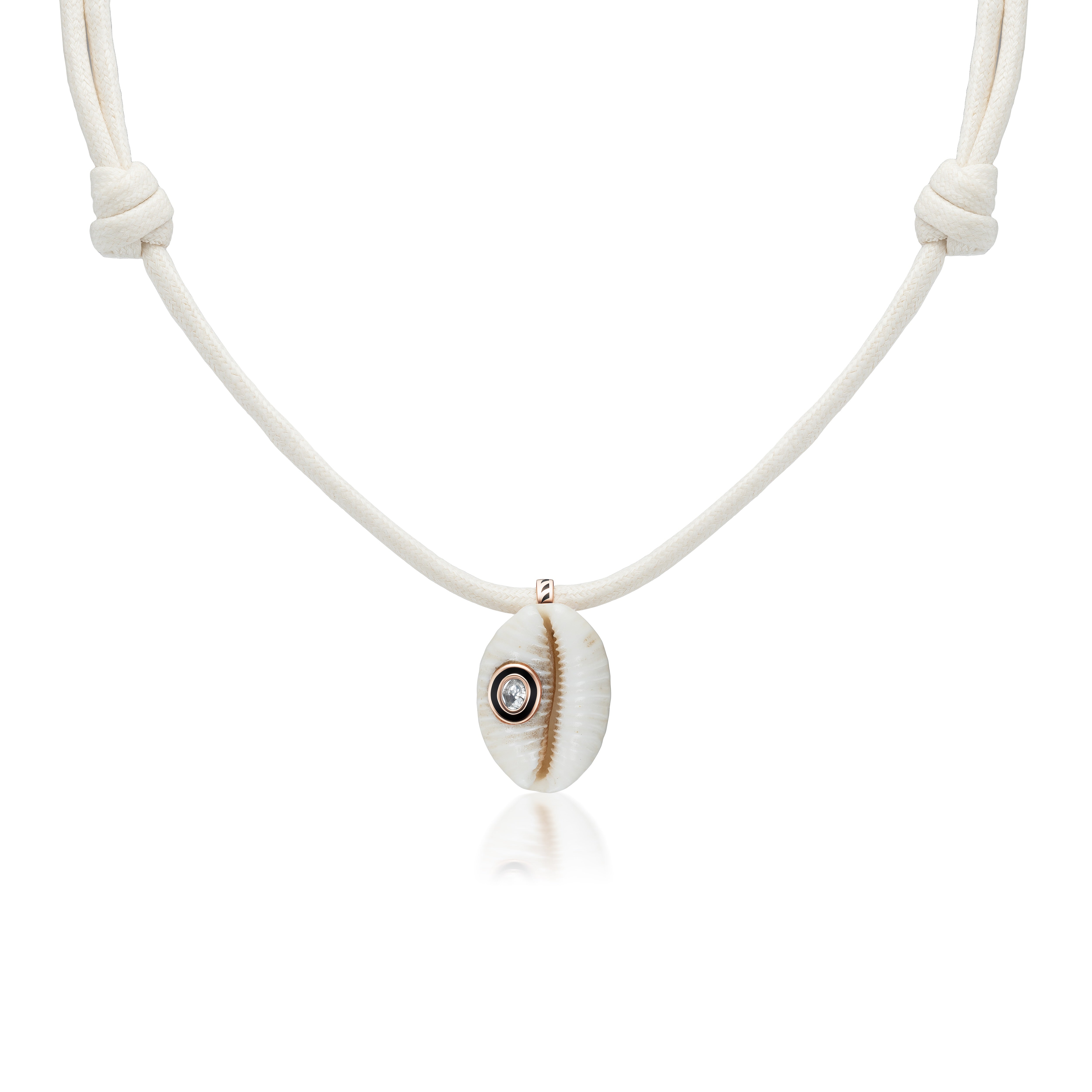 18k rose gold white cowry silmanite diamond shell pendant necklace on paracord white by Dezso Tiny Gods