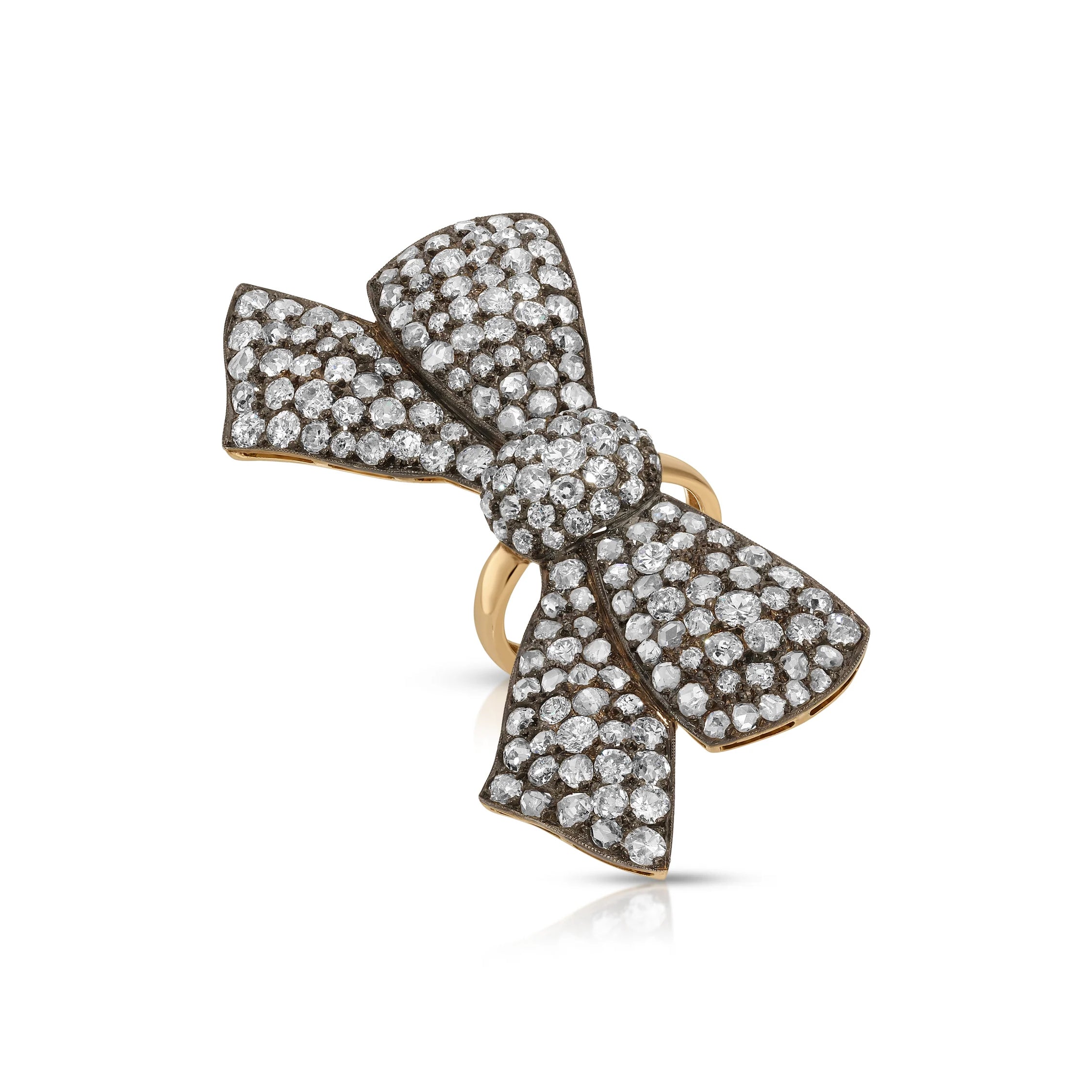 18k yellow gold and blackened gold diamond large bow ring by Jenna Blake Tiny Gods