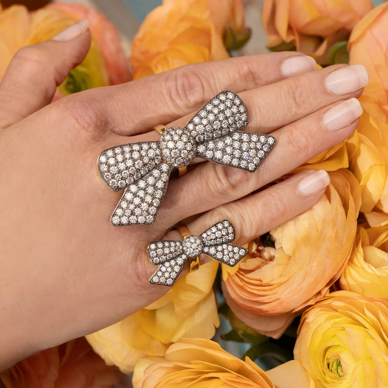 18k yellow gold and blackened gold diamond large bow ring by Jenna Blake Tiny Gods