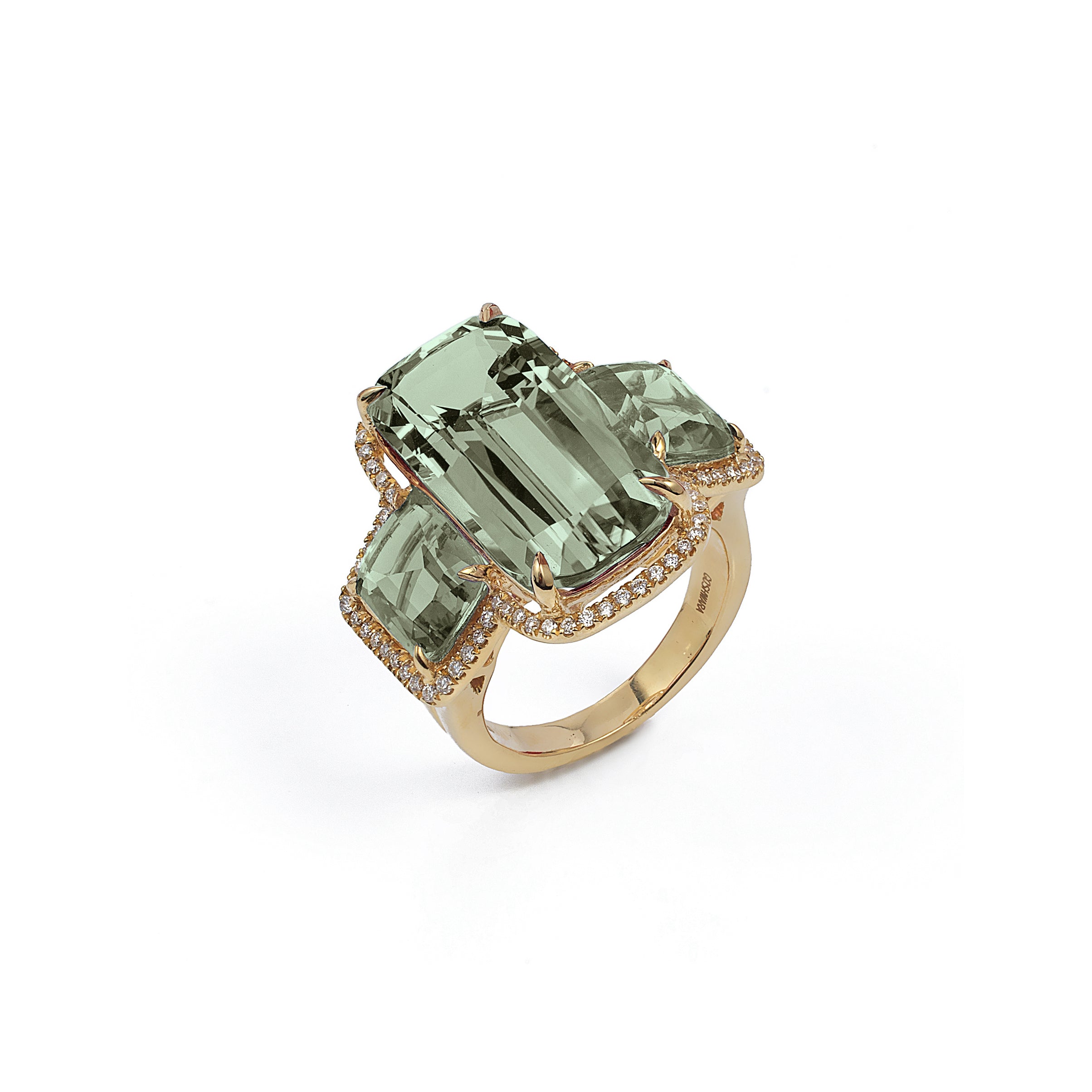 18k yellow gold three stone prasiolite and diamond cushion cut bezel set ring by Goshwara Tiny Gods