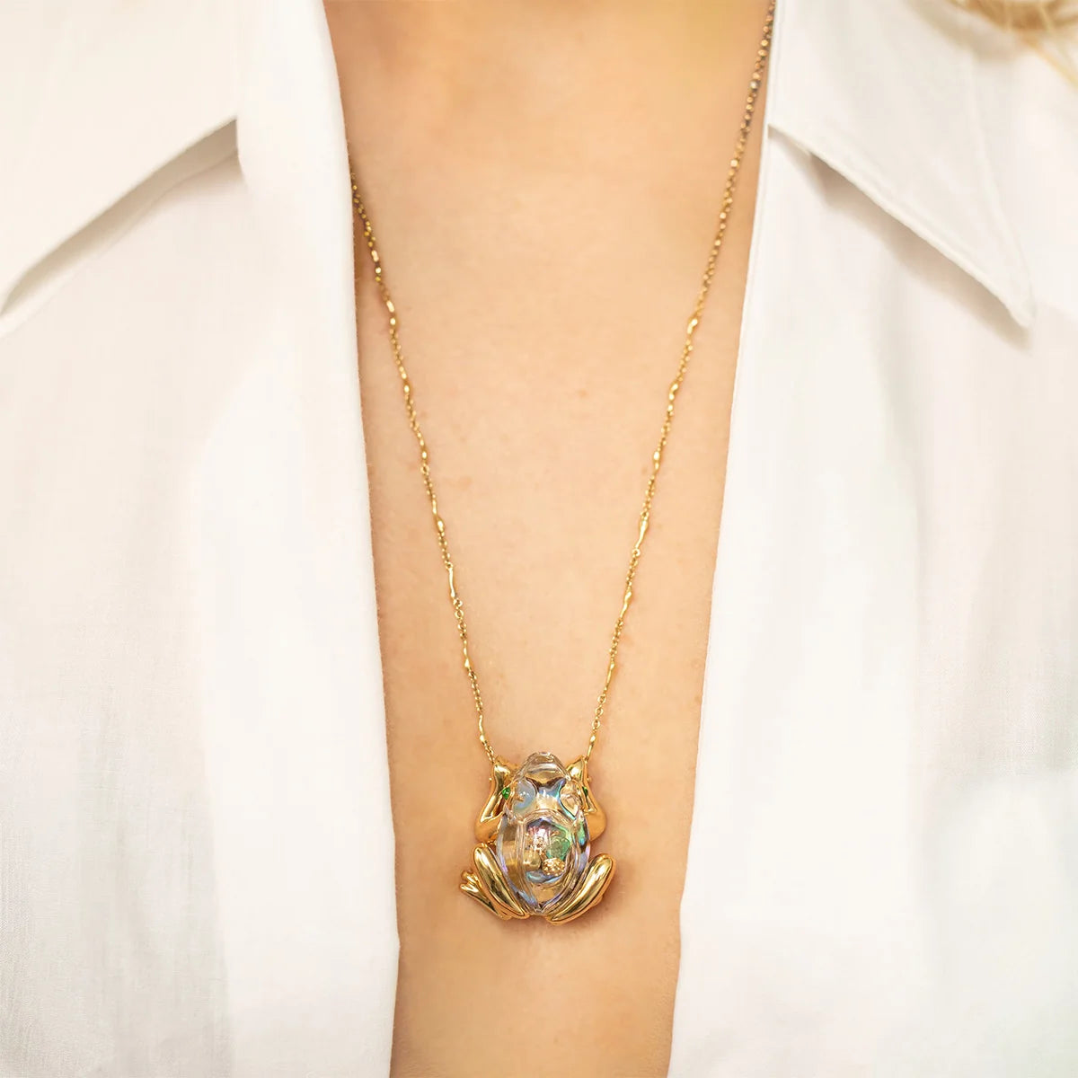 18k yellow gold abalone large frog necklace bestiary collection by Bibi van der Velden Tiny Gods