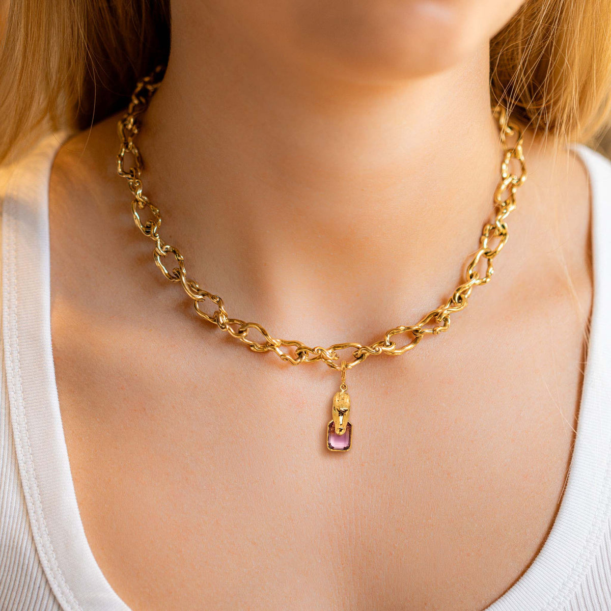 18k yellow gold alligator biting amethyst pendant bestiary collection by Bibi van der Velden Tiny Gods