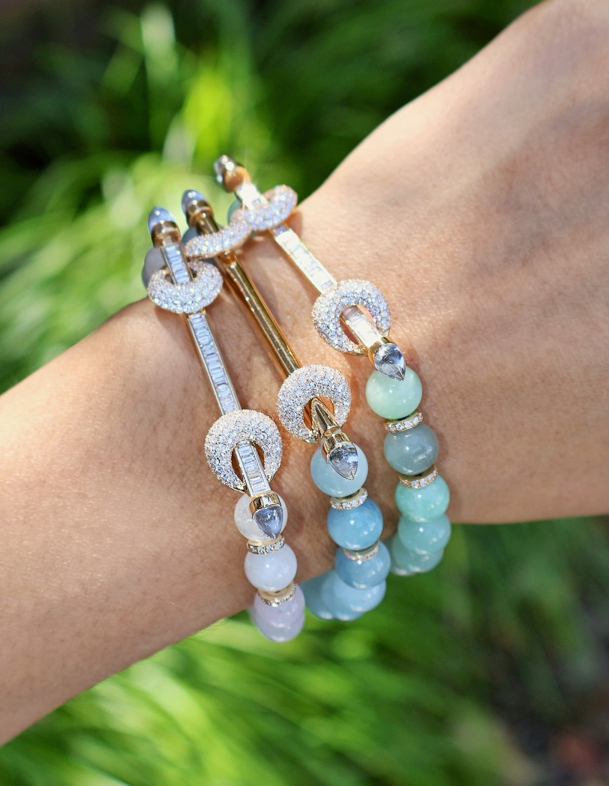 18k yellow gold aquamarine diamond chakra beaded gold bar bracelet bangle by Ananya Tiny Gods