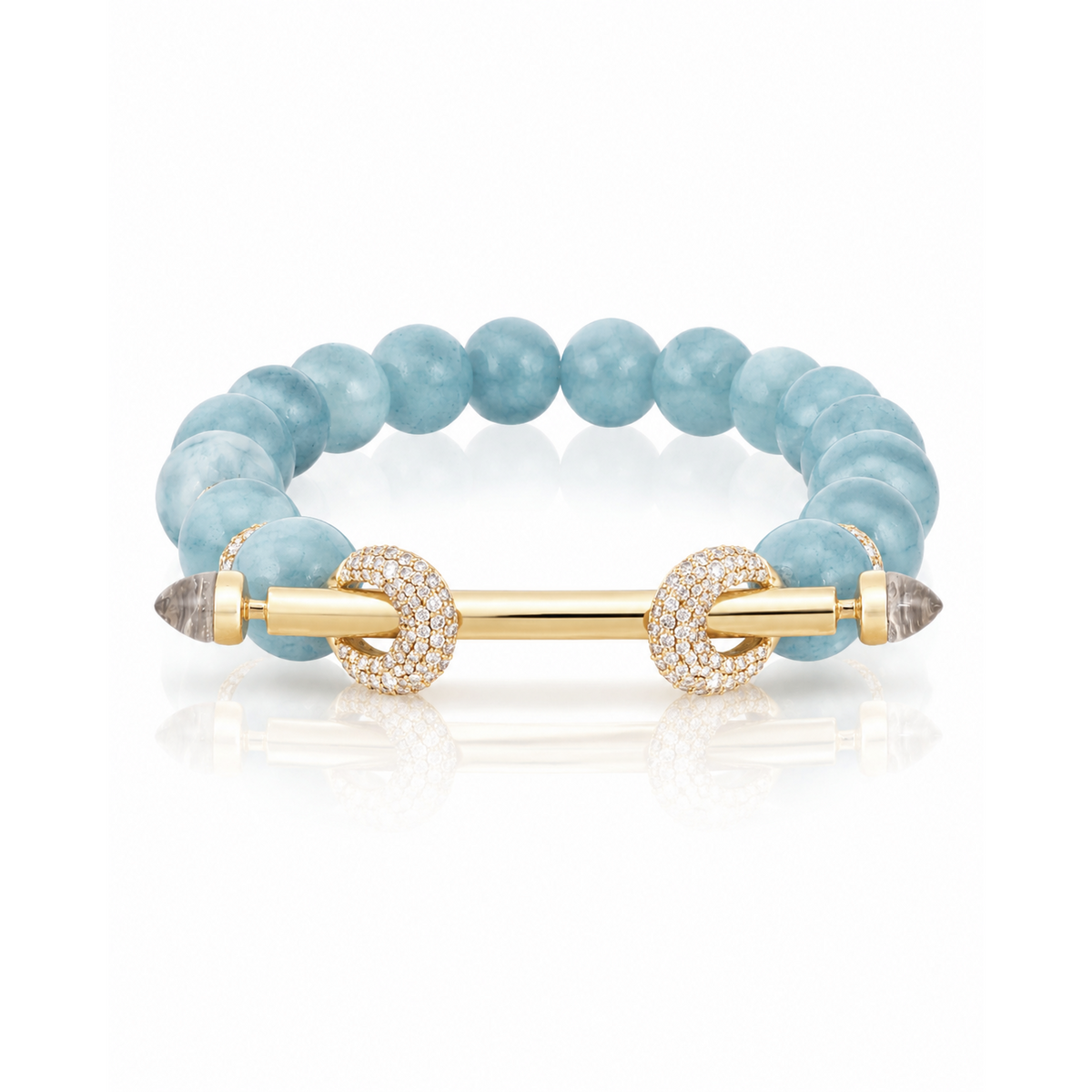 18k yellow gold aquamarine diamond chakra beaded gold bar bracelet bangle by Ananya Tiny Gods