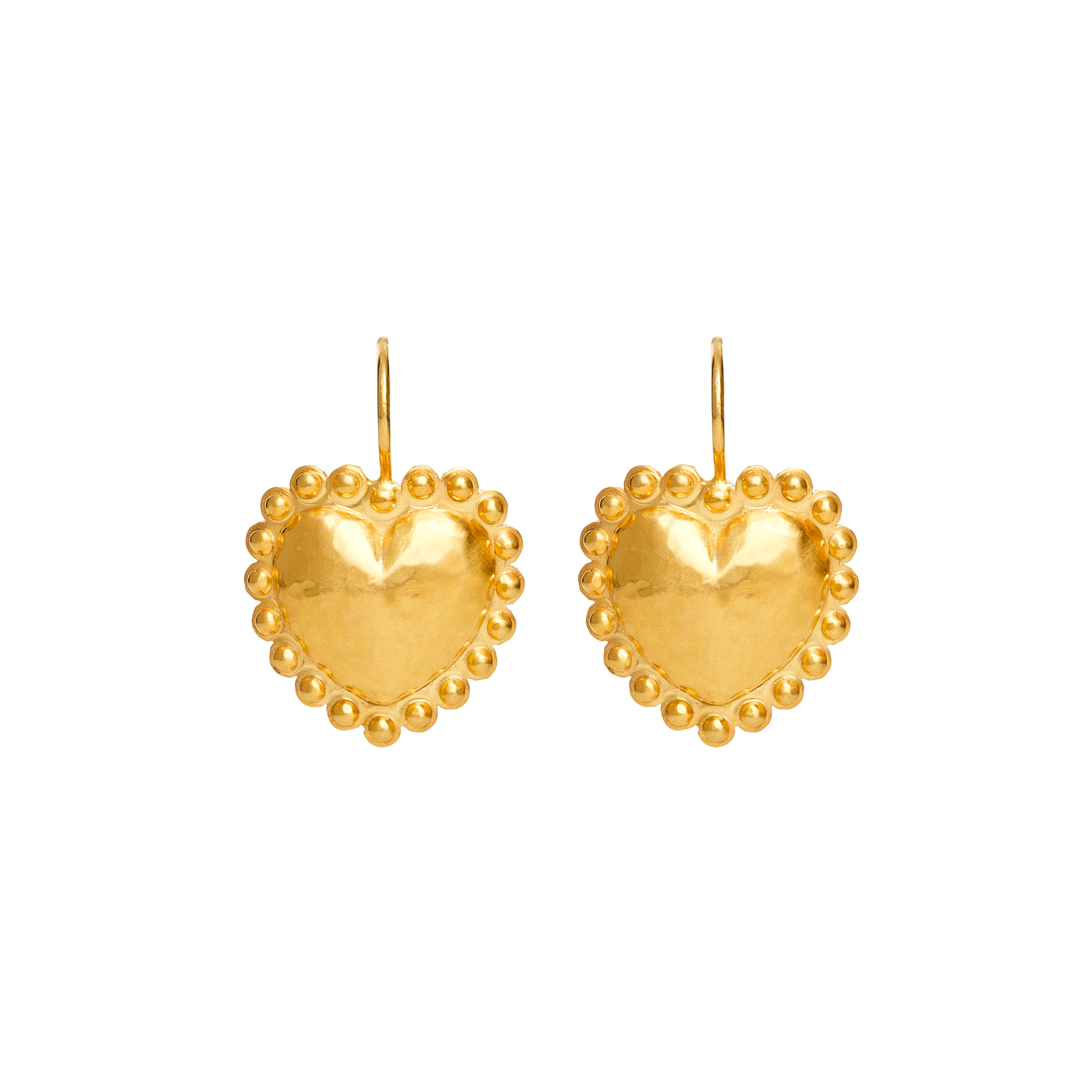 18k yellow gold small dot heart earrings on French wire by Christina Alexiou Tiny Gods