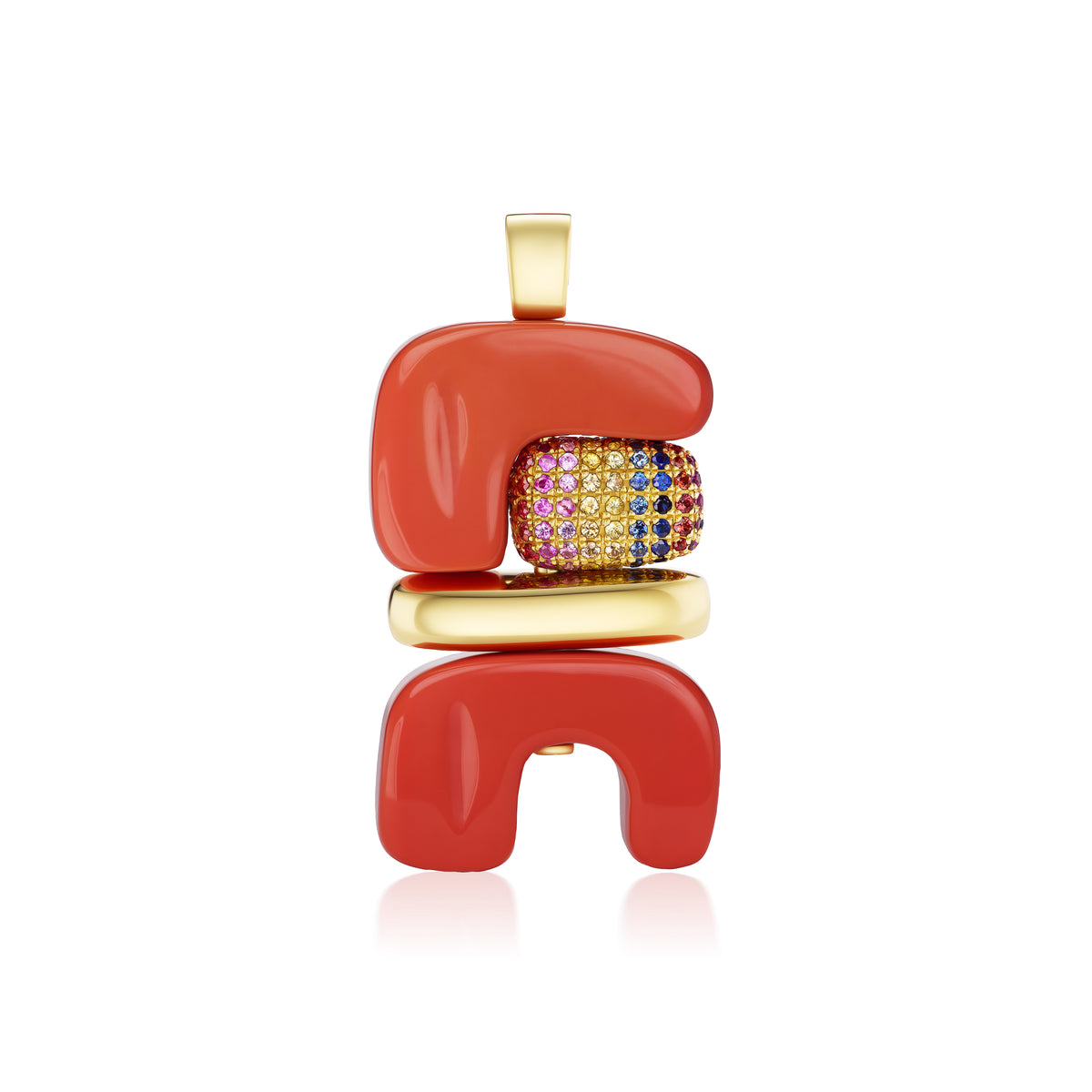 18k yellow gold coral rainbow sapphire element 2 fire totem by Joelle Kharrat Tiny Gods