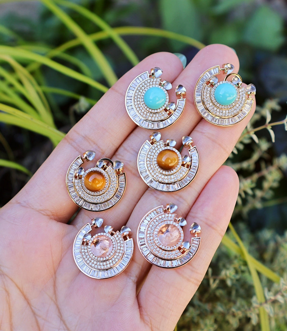 18k yellow gold baguette diamond turquoise chakra earrings by Ananya Tiny Gods