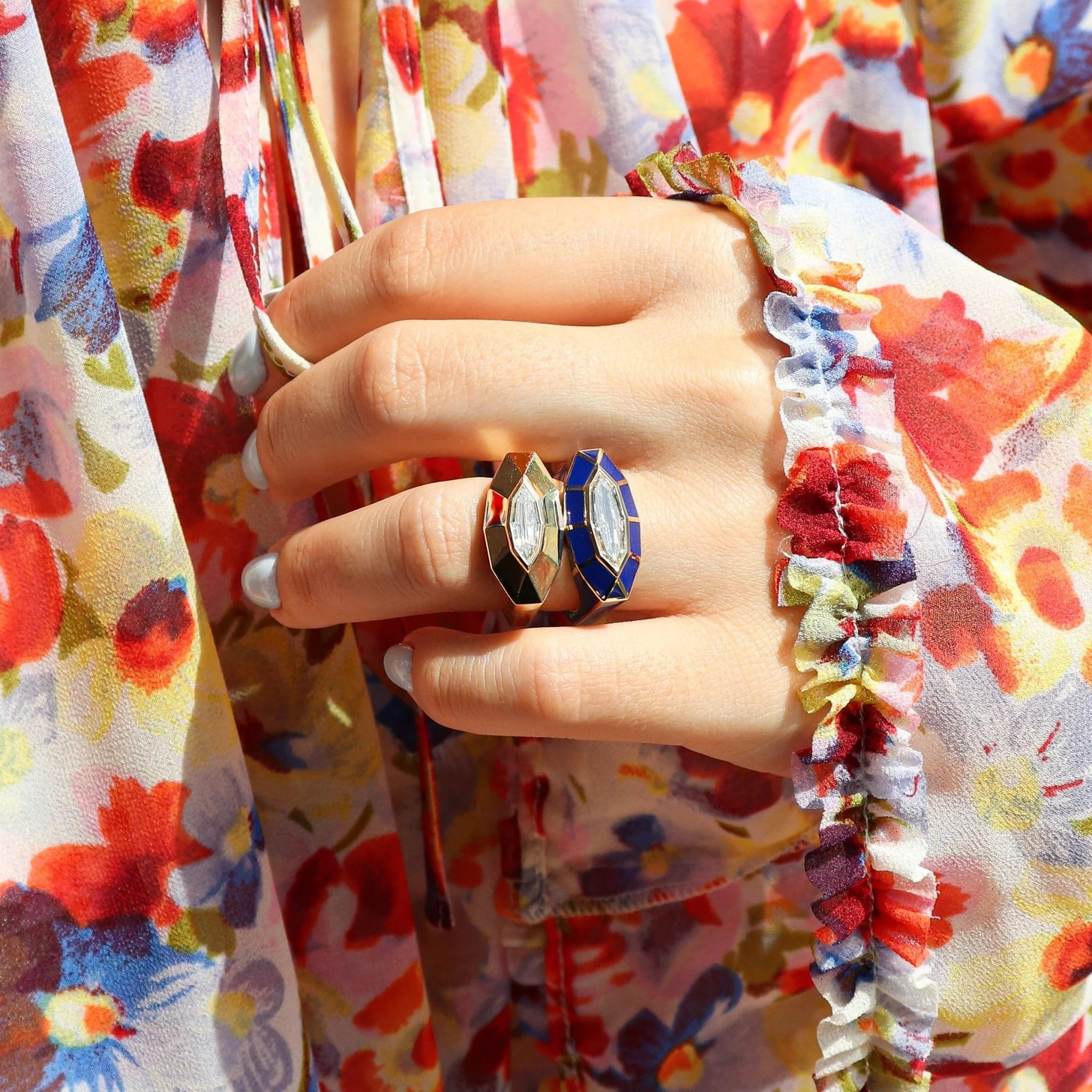18k yellow gold solitaire diamond luxor ring blue enamel by Tiny Gods
