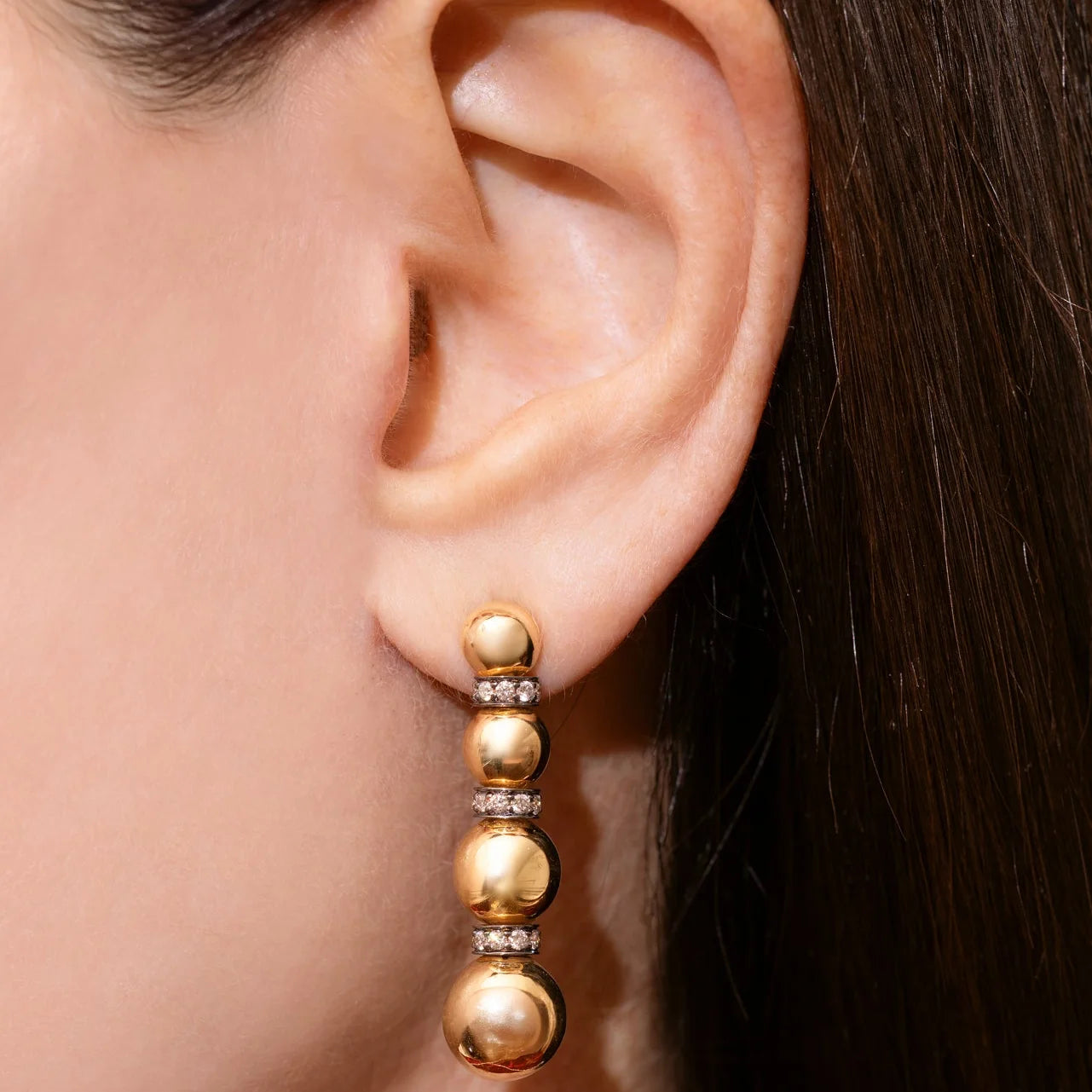 18k yellow gold diamond rondelle 4 disco ball danlge drop earrings by Jenna Blake Tiny Gods