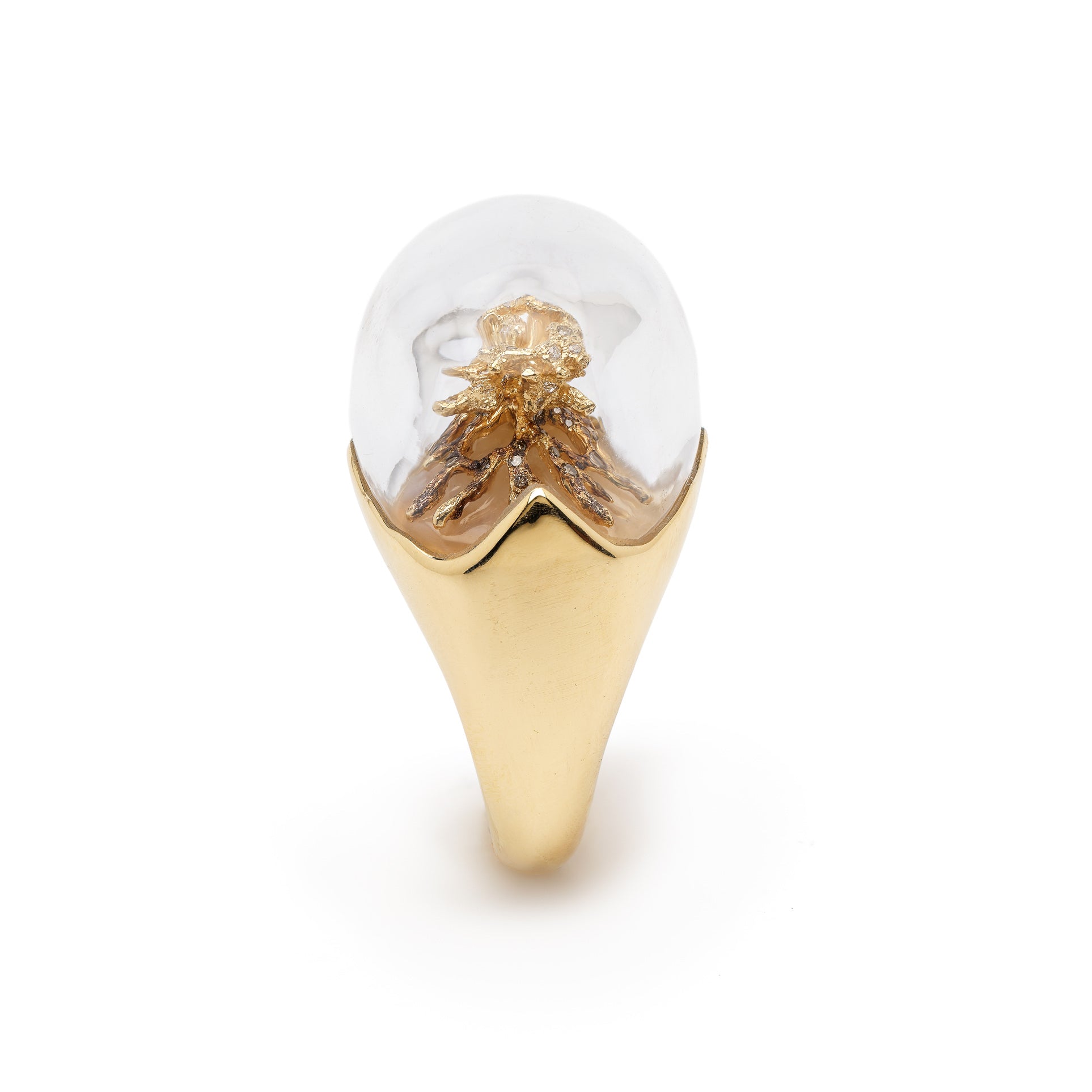18k yellow gold white and brown diamond encrusted tree of life mother of pearl terrarium dome rocky crystal ring by Bibi van der velden Tiny Gods