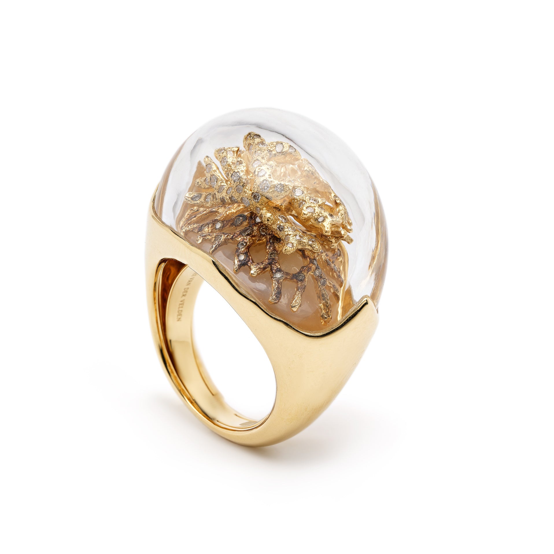 18k yellow gold white and brown diamond encrusted tree of life mother of pearl terrarium dome rocky crystal ring by Bibi van der velden Tiny Gods