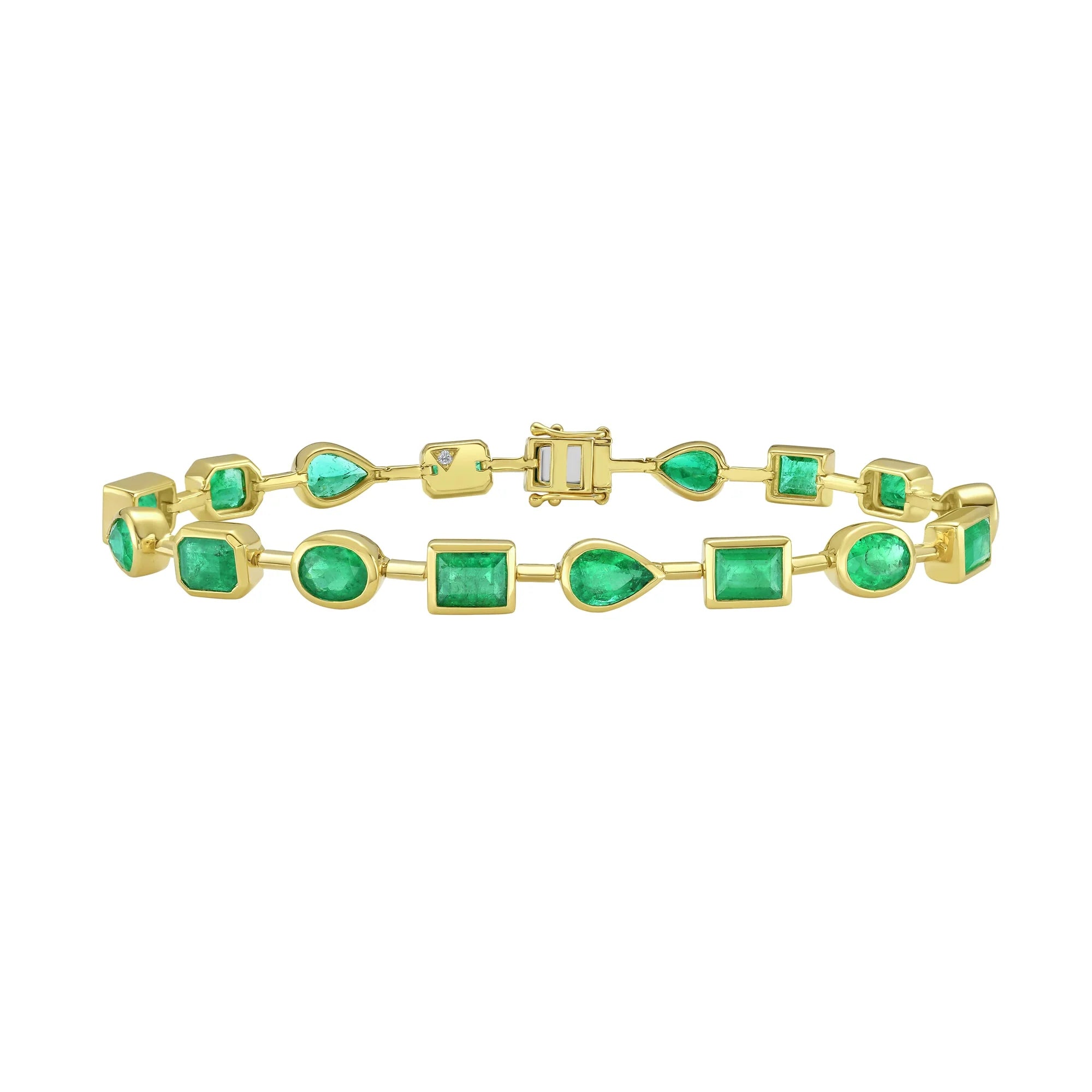 18k yellow gold mixed shape pear, emerald cut, pear, oval Colombian emeralds bezel set tennis sonnet bracelet Ruchi Tiny Gods