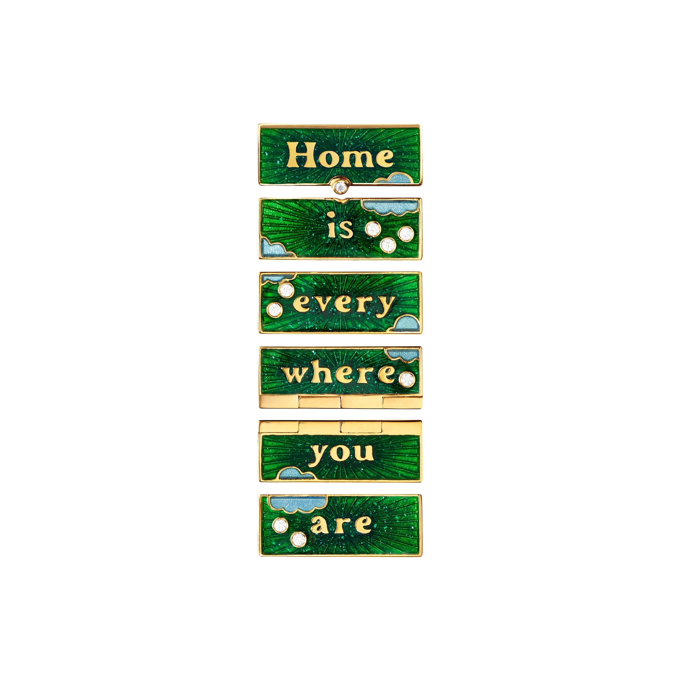 18k yellow gold home locket box "home is everywhere you are" with green enamel and diamonds with pink/red maul pearl cord pendant by Marie Lichtenberg Tiny Gods