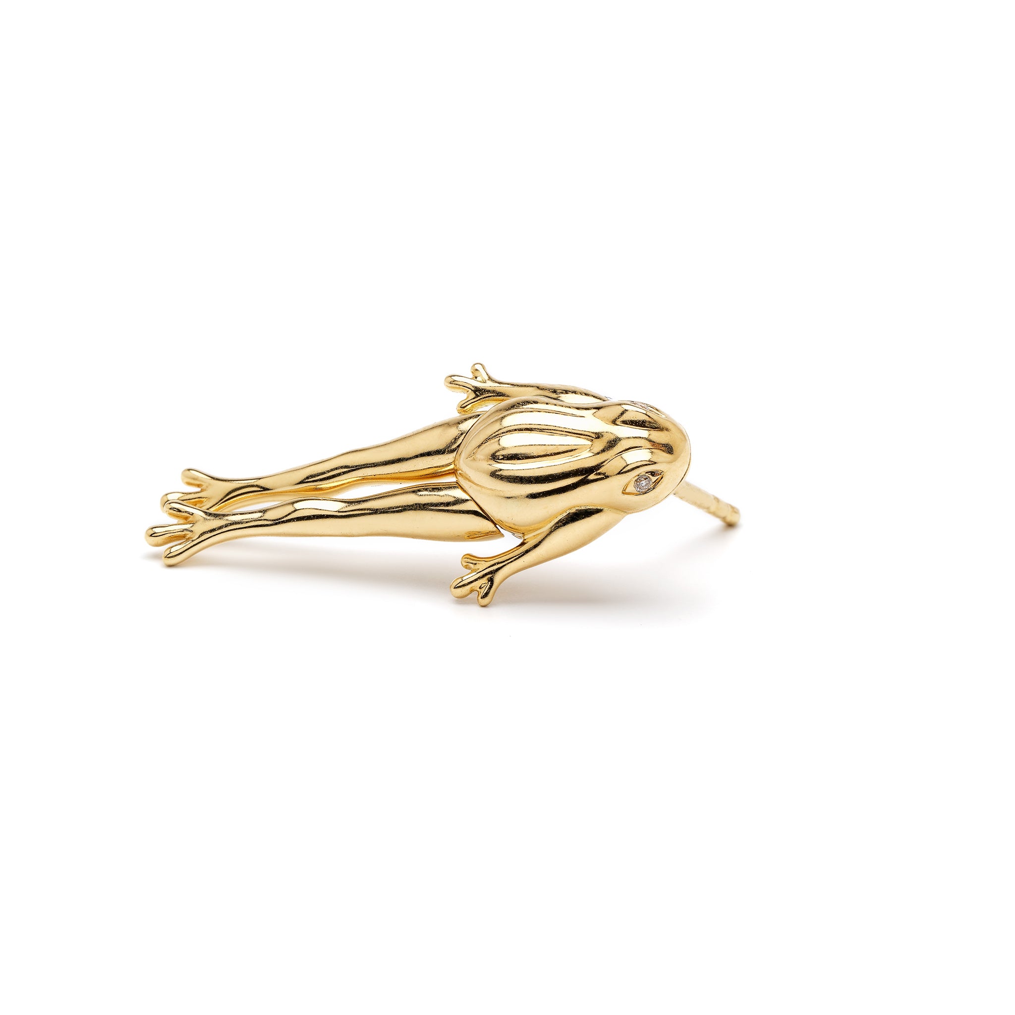 18k yellow gold articulated jumping hanging frog stud earring by Bibi van der Velden Tiny Gods