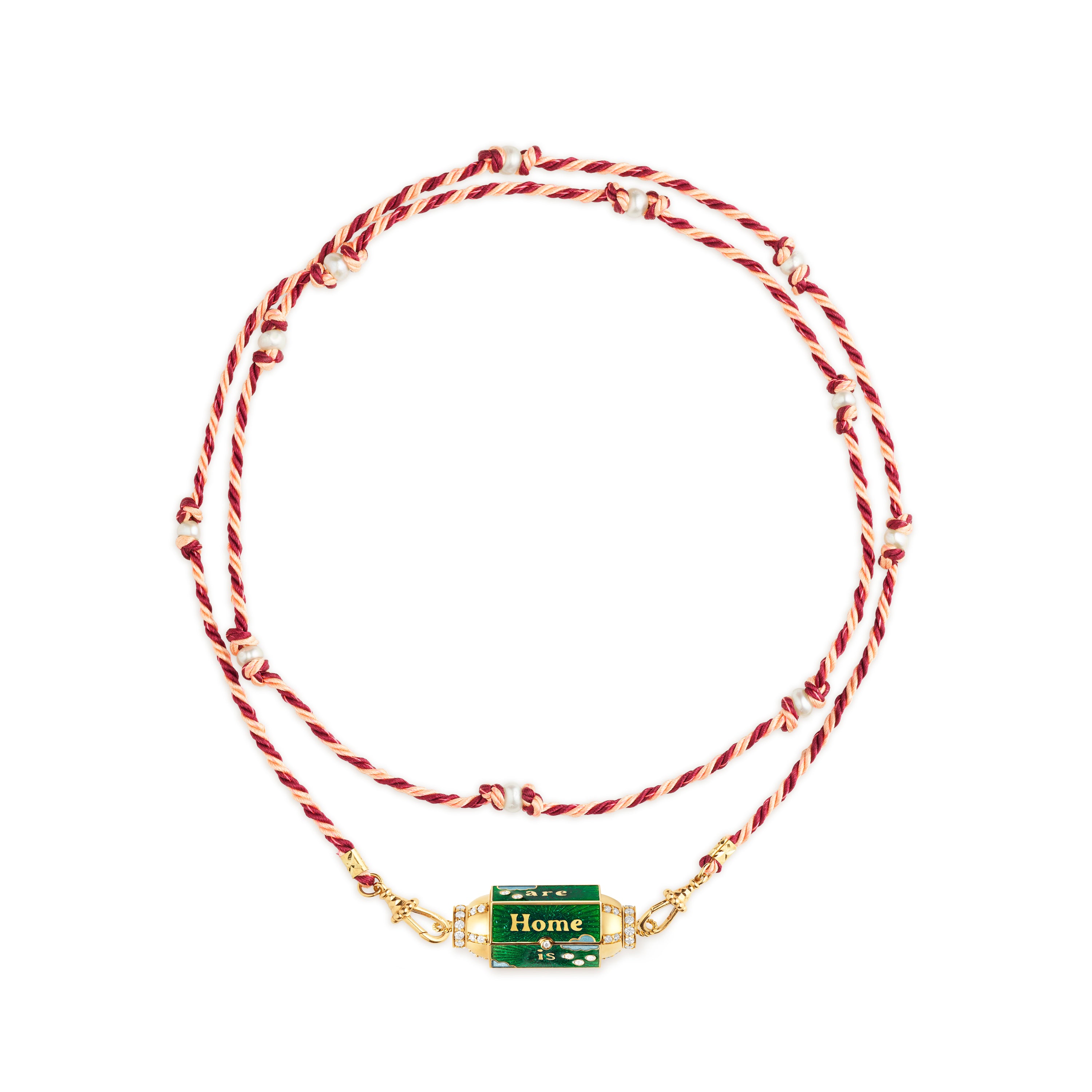 18k yellow gold home locket box "home is everywhere you are" with green enamel and diamonds with pink/red maul pearl cord pendant by Marie Lichtenberg Tiny Gods