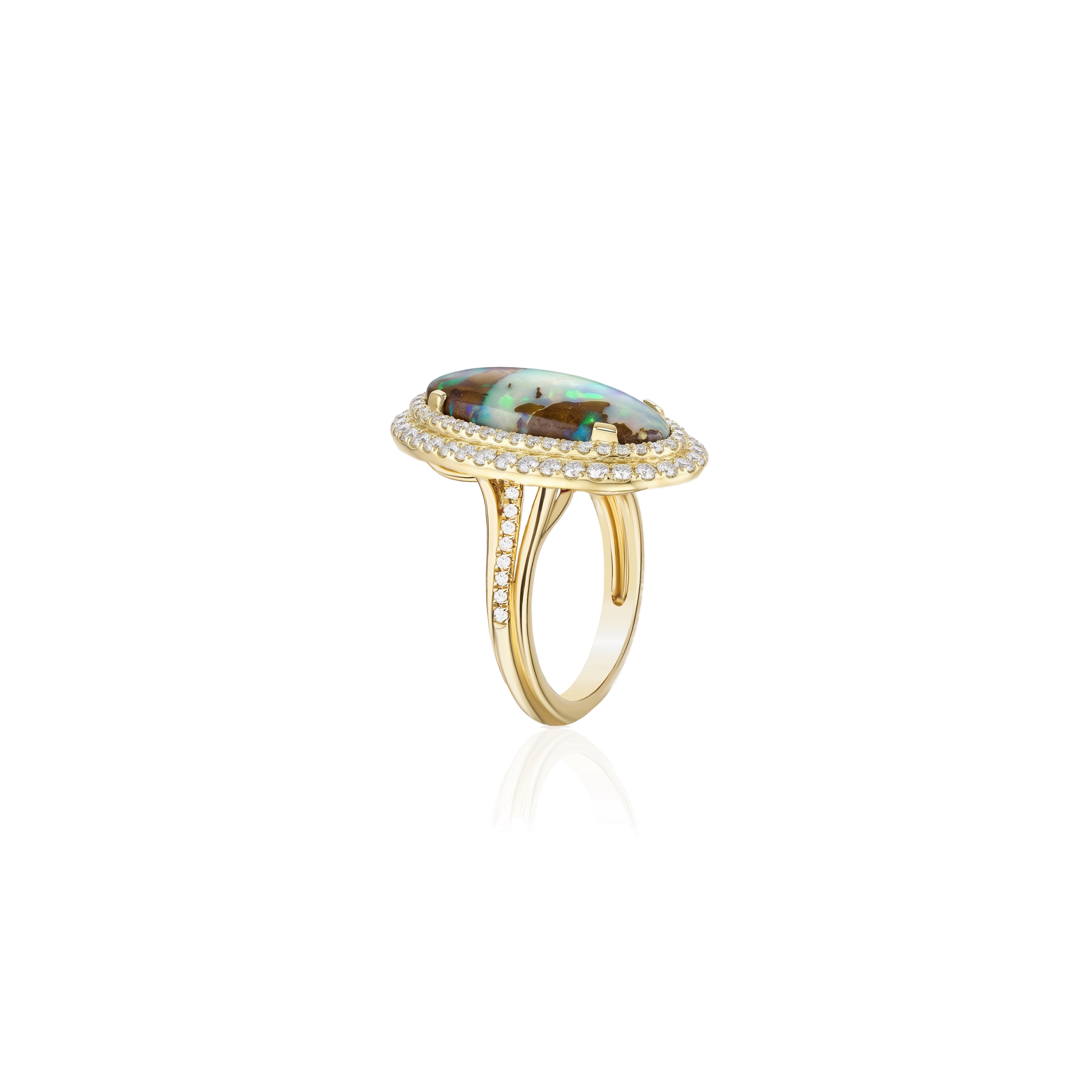 18k yellow gold double diamond bezel oval brown opal solitaire ring by Goshwara Tiny Gods