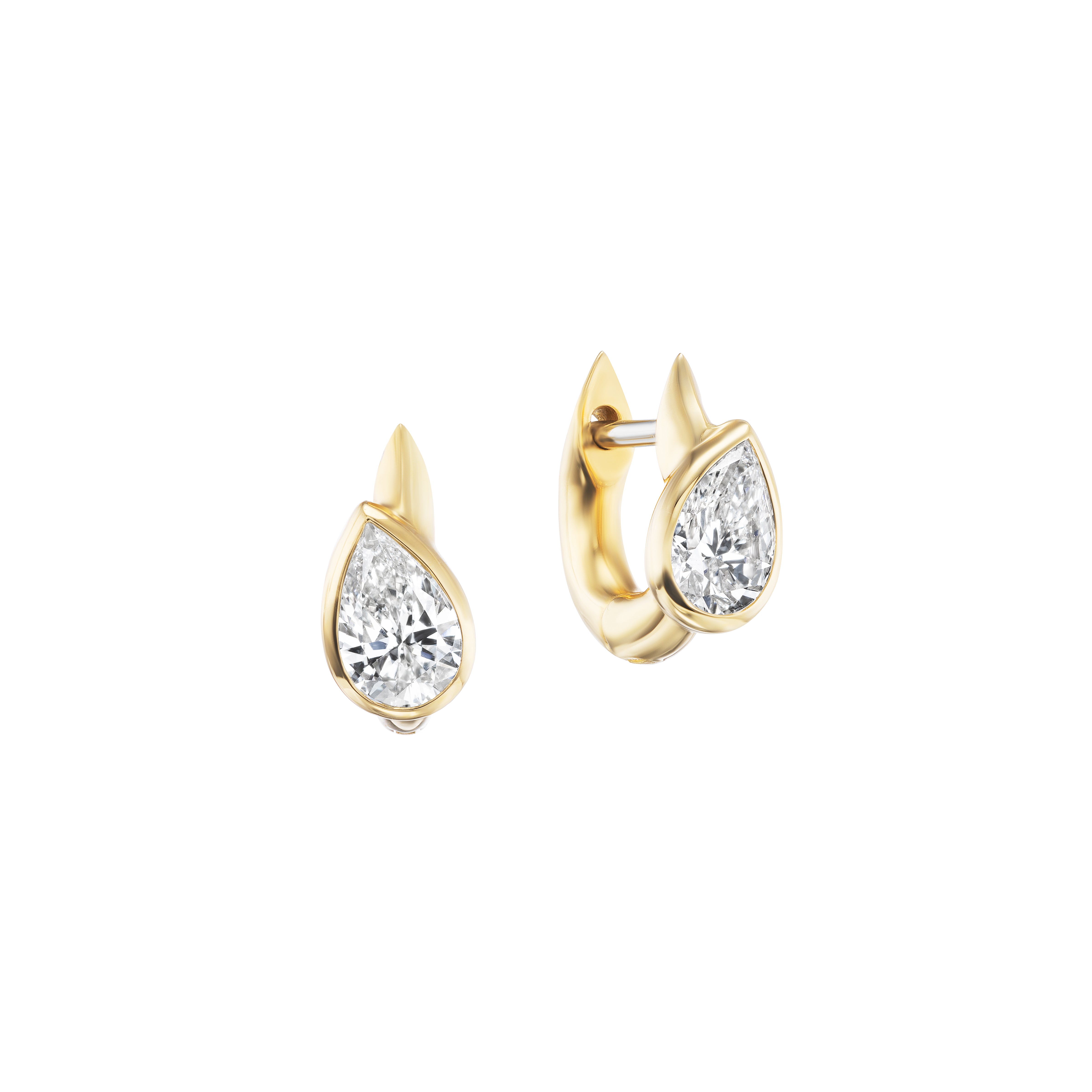 18k yellow gold pear diamond bezel set stem 5mm huggie earring by Uniform Object Tiny Gods