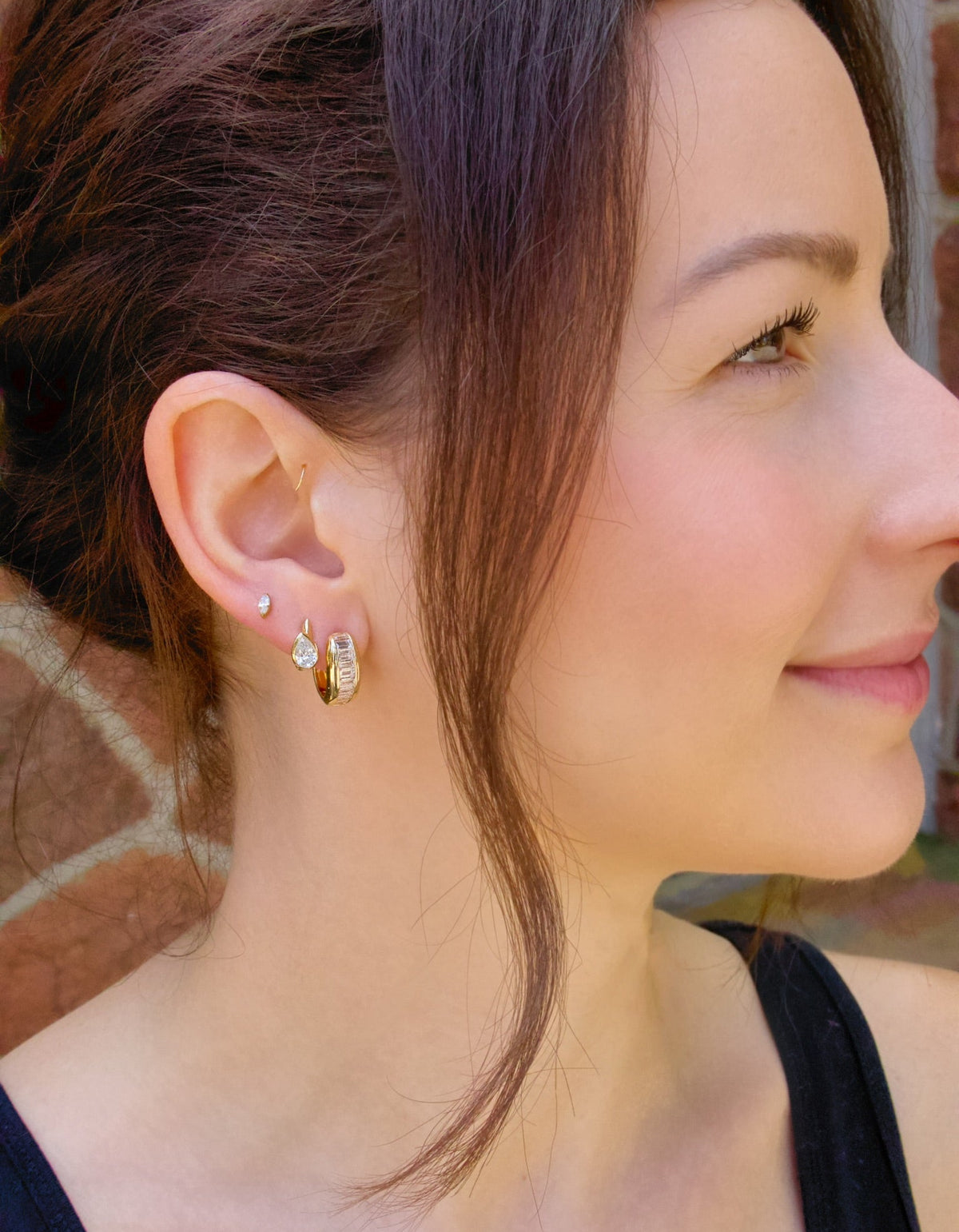 18k yellow gold pear diamond bezel set stem 5mm huggie earring by Uniform Object Tiny Gods