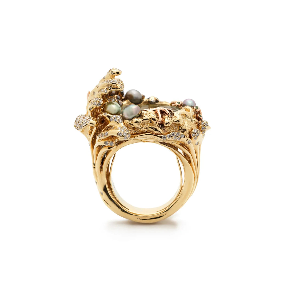 18k yellow gold pearl rock crystal diamond pool wave ring by Bibi van der Velden Tiny Gods