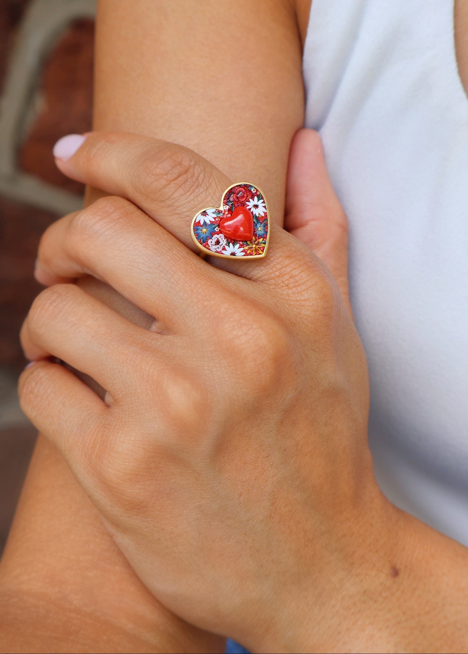 18k yellow gold heart micro mosaic flower floral ring with red coral heart ring by Le Sibille Tiny Gods