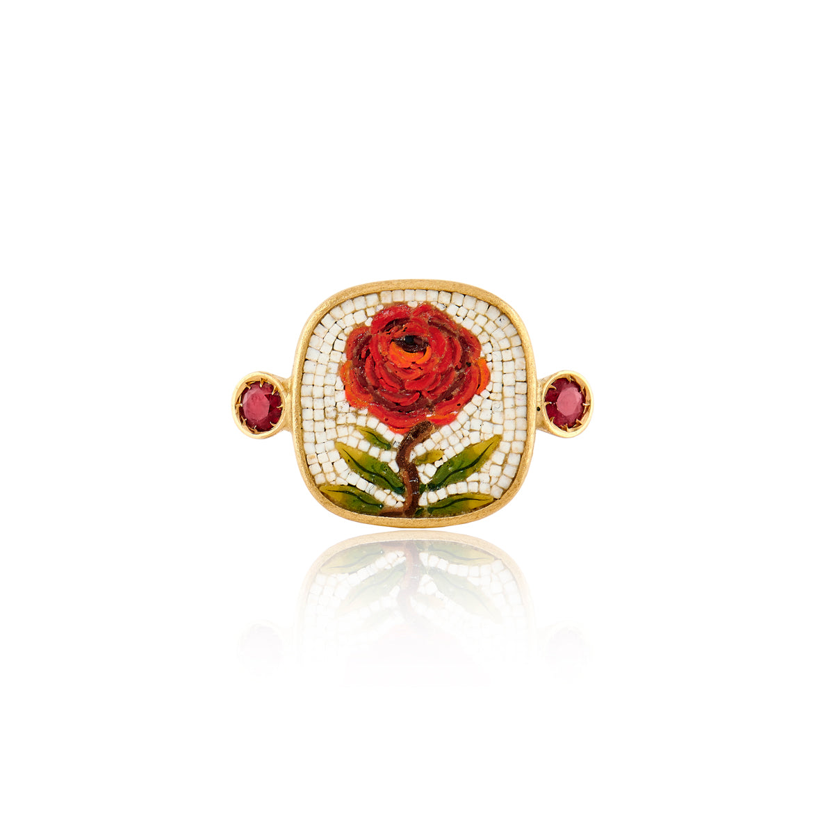 18k yellow gold ruby red rose square micro mosaic ring by Le Sibille Tiny Gods