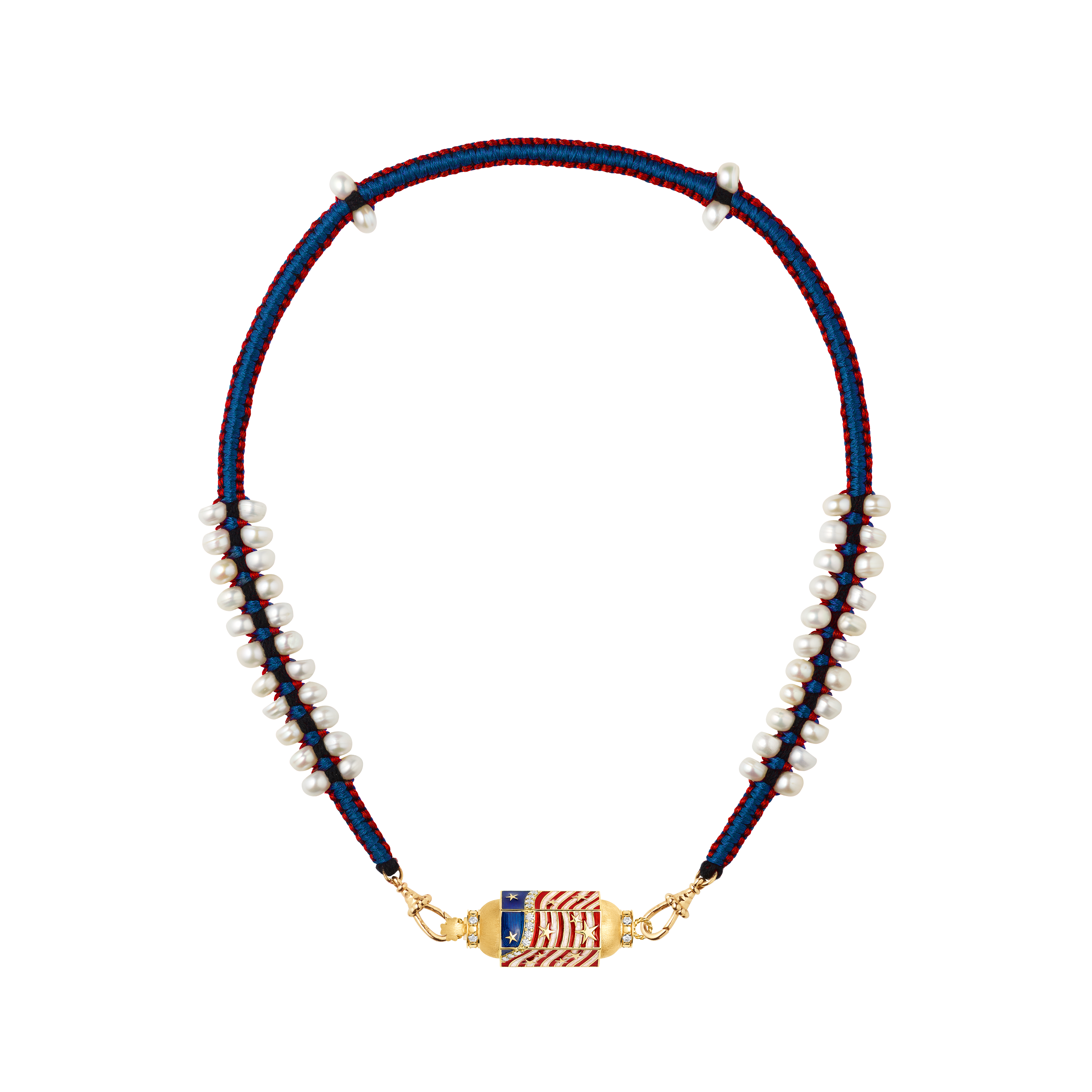 18k yellow gold diamond red white and blue USA enamel star stripe flag locket with pearl red and navy Mauli cord by Marie Lichtenberg Tiny Gods