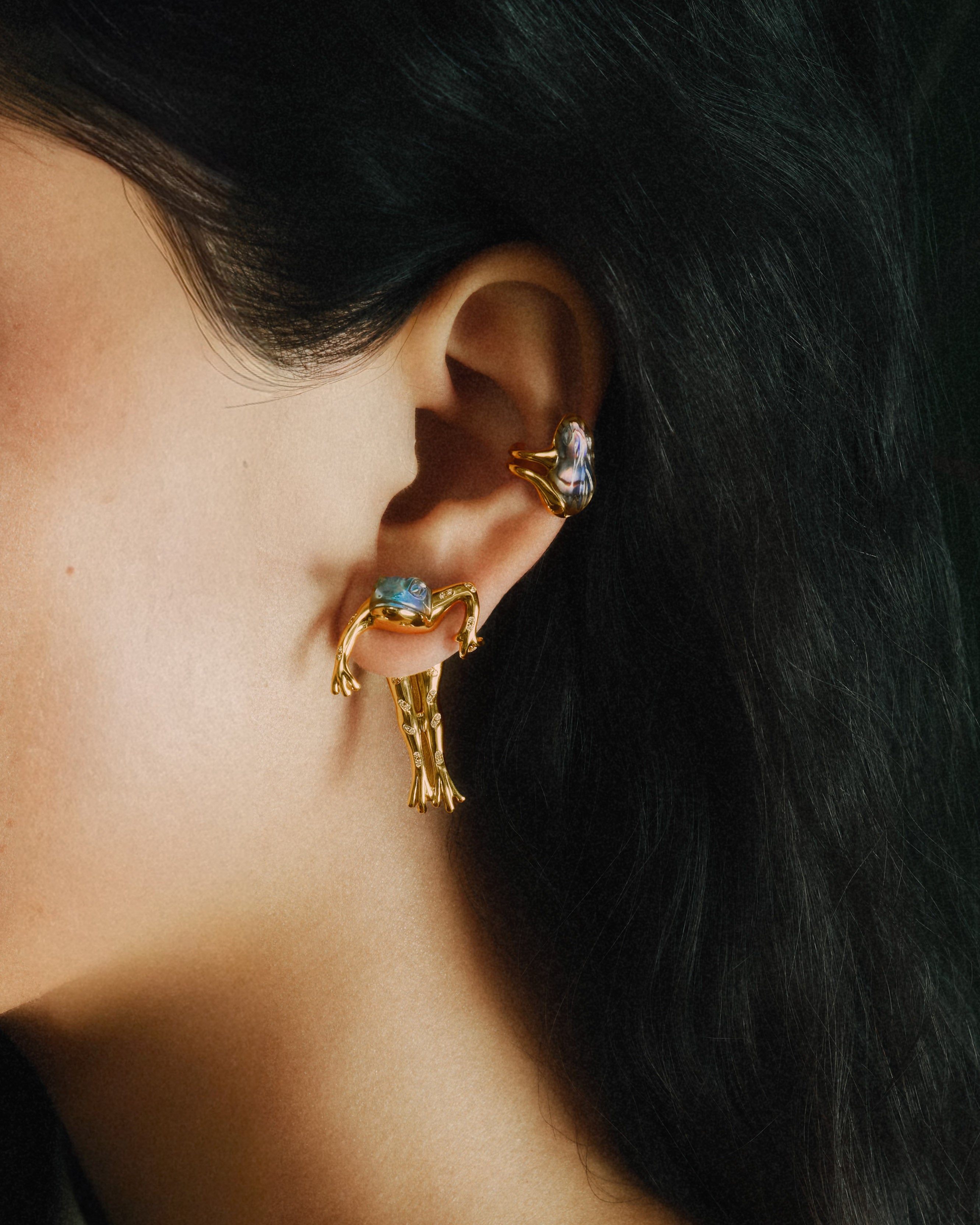 18k yellow gold carved rock crystal abalone frog hugger ear cuff by Bibi van der Velden Tiny Gods