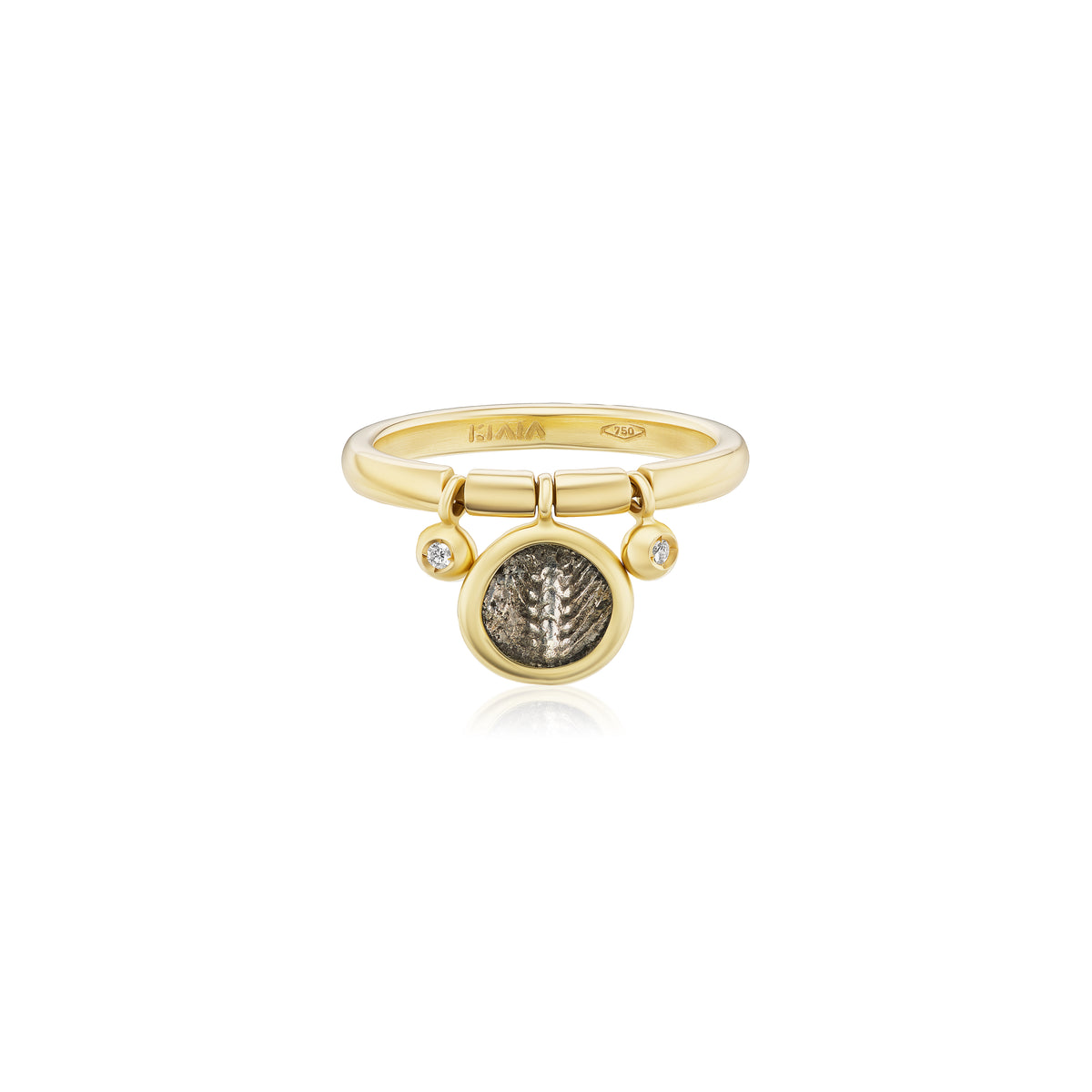 18k yellow gold ear of barley coin flip ring by Kiaia Tiny Gods