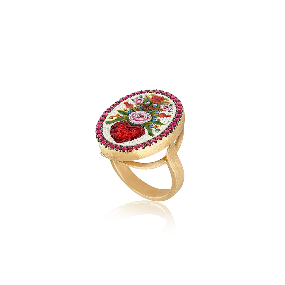 18k yellow gold ruby red heart and flower oval ring with micro mosaic by Le Sibille Tiny Gods