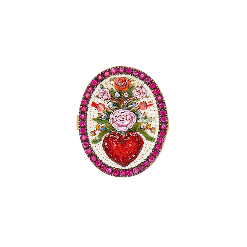 18k yellow gold ruby red heart and flower oval ring with micro mosaic by Le Sibille Tiny Gods