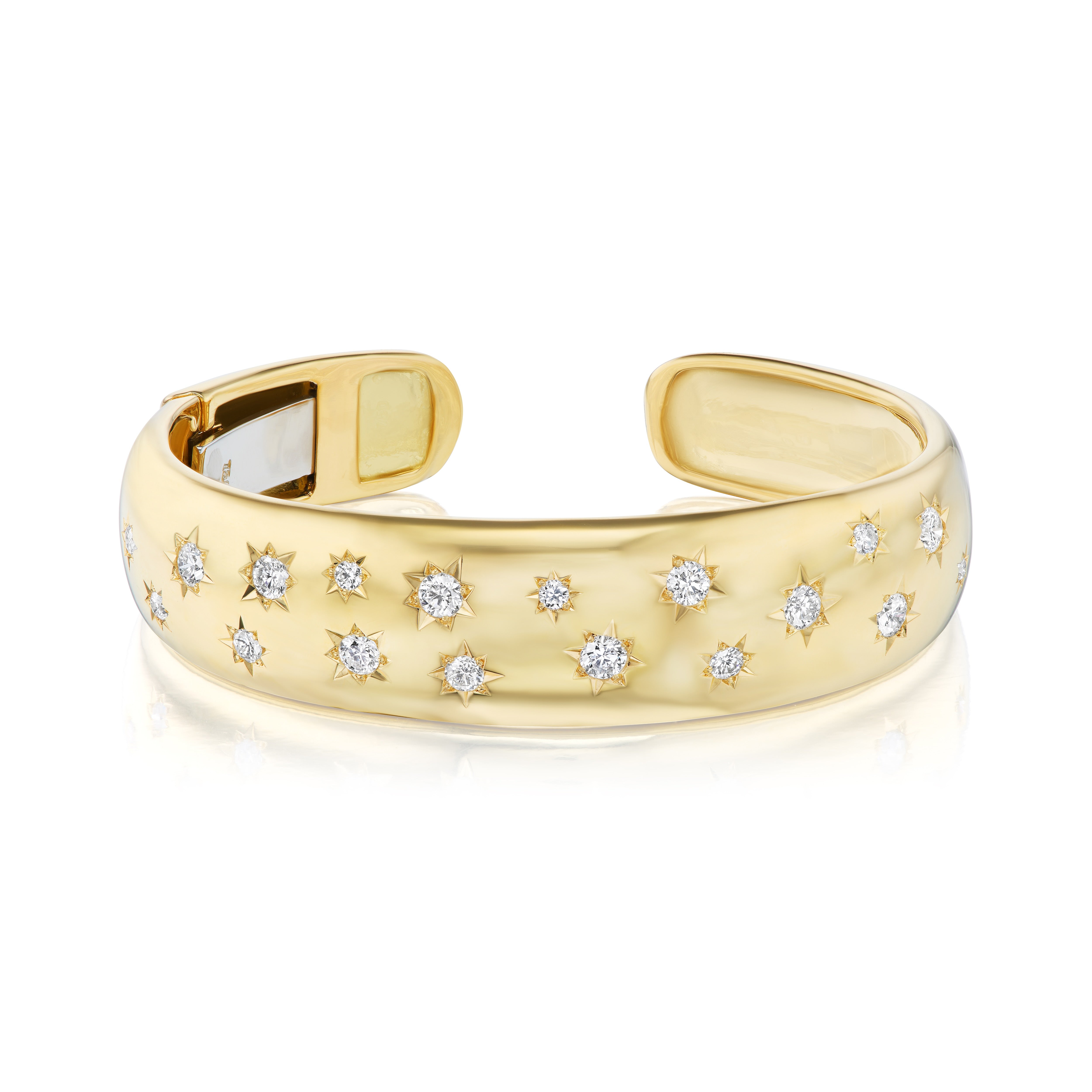 18k yellow gold star studded white diamond wide cuff bracelet by Tiny Gods