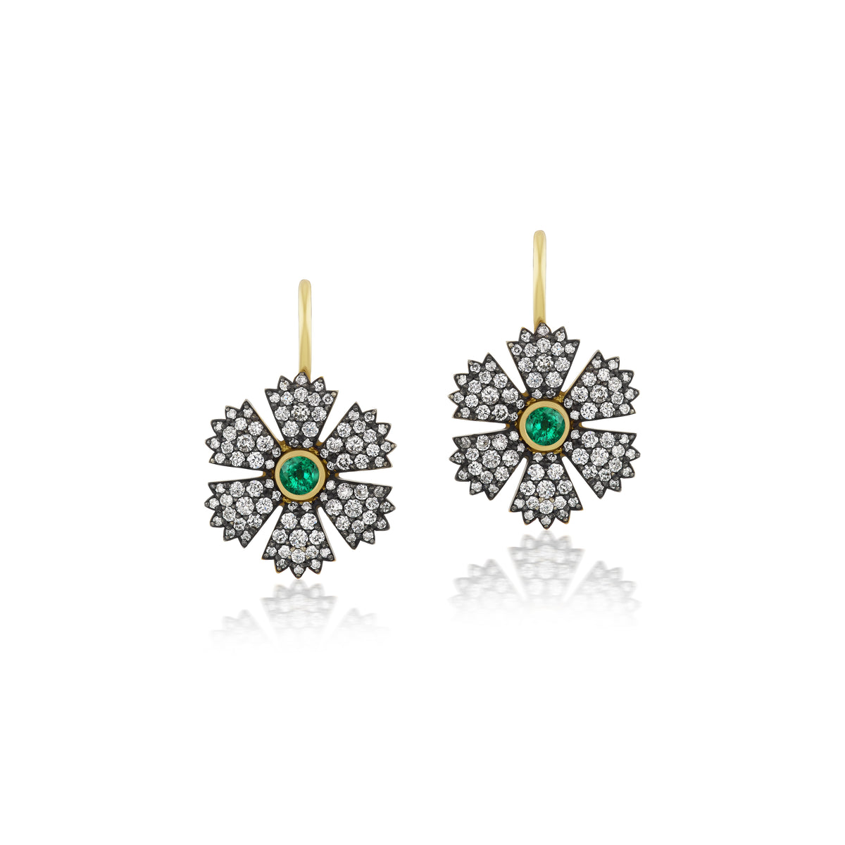 18k yellow gold emerald diamond flower drop earrings by Sylva Cie Tiny Gods