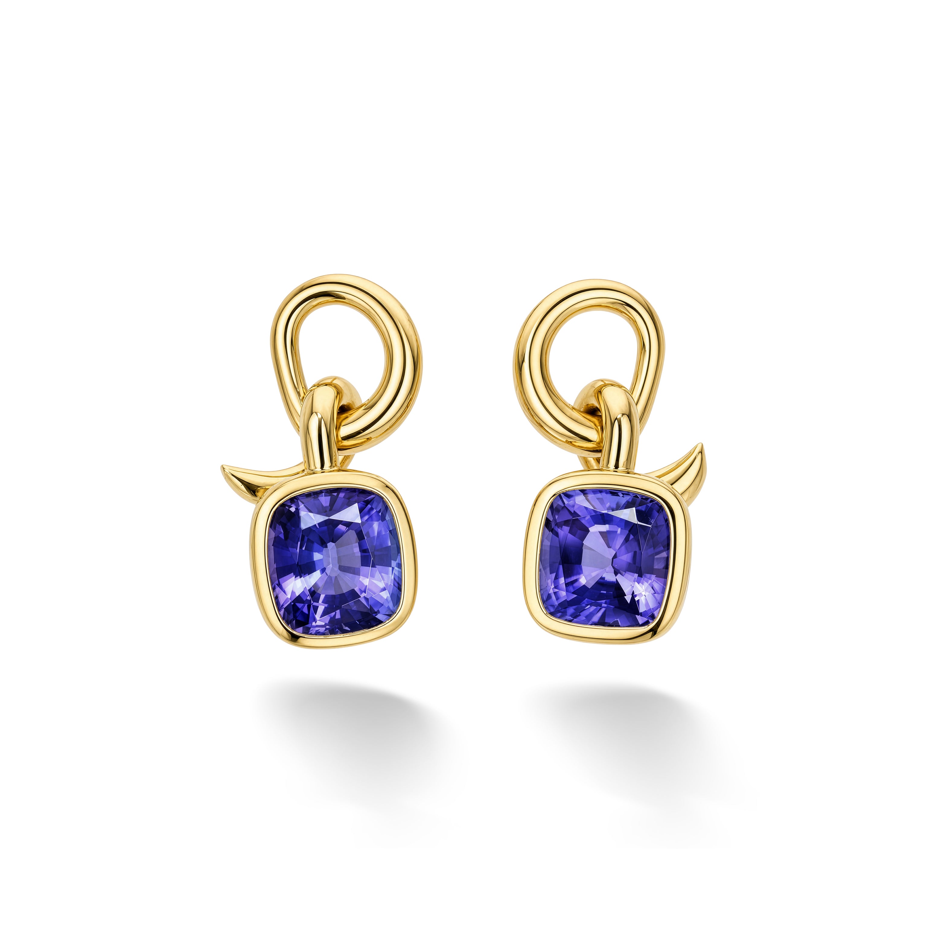 18k yellow gold tied knot tanzanite bezel set earrings retrouvia tiny gods