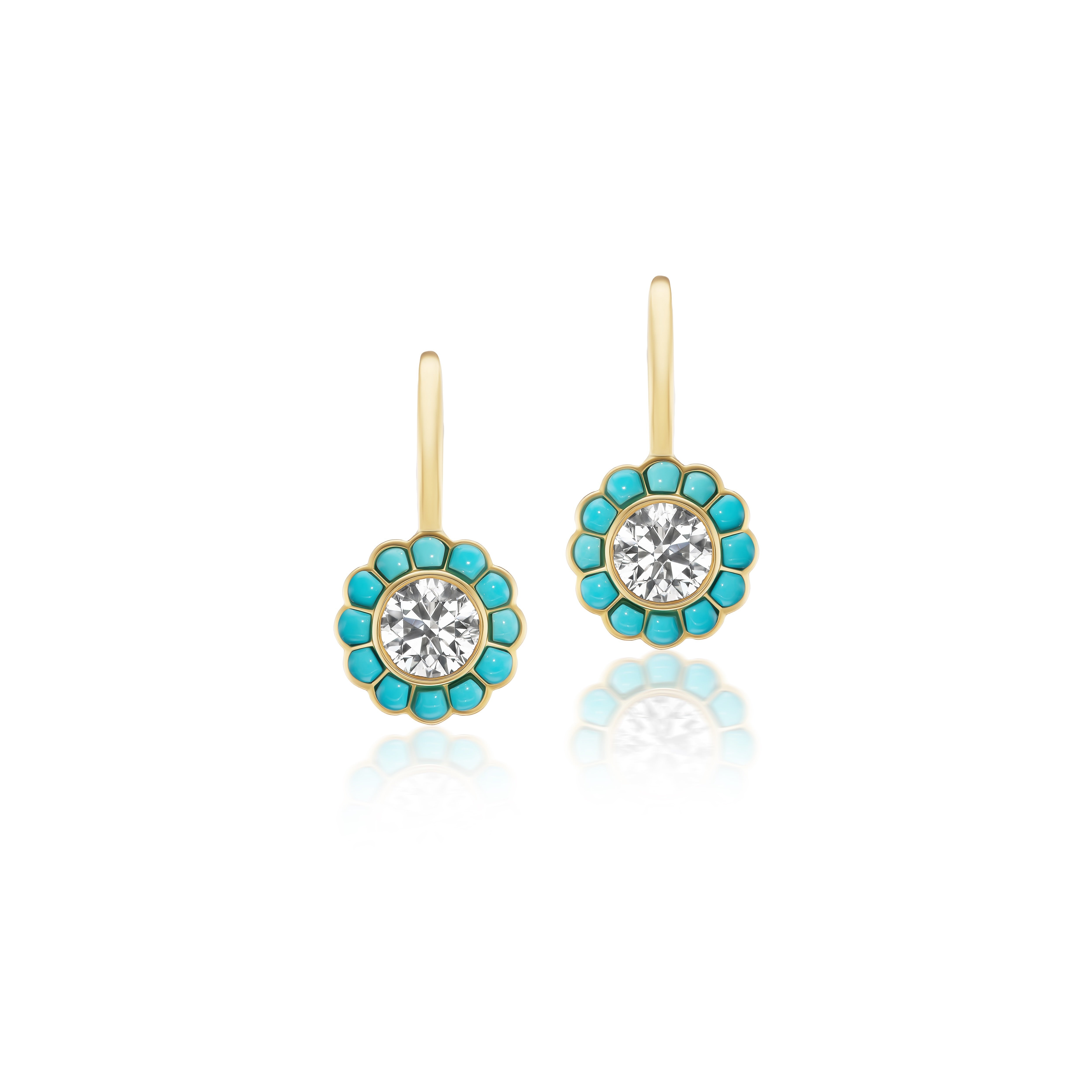 18k yelow gold 1ct 2ct round bezel set diamond earrings with turquoise cabochon border halp on french wire dangle drop earrings Tiny Gods