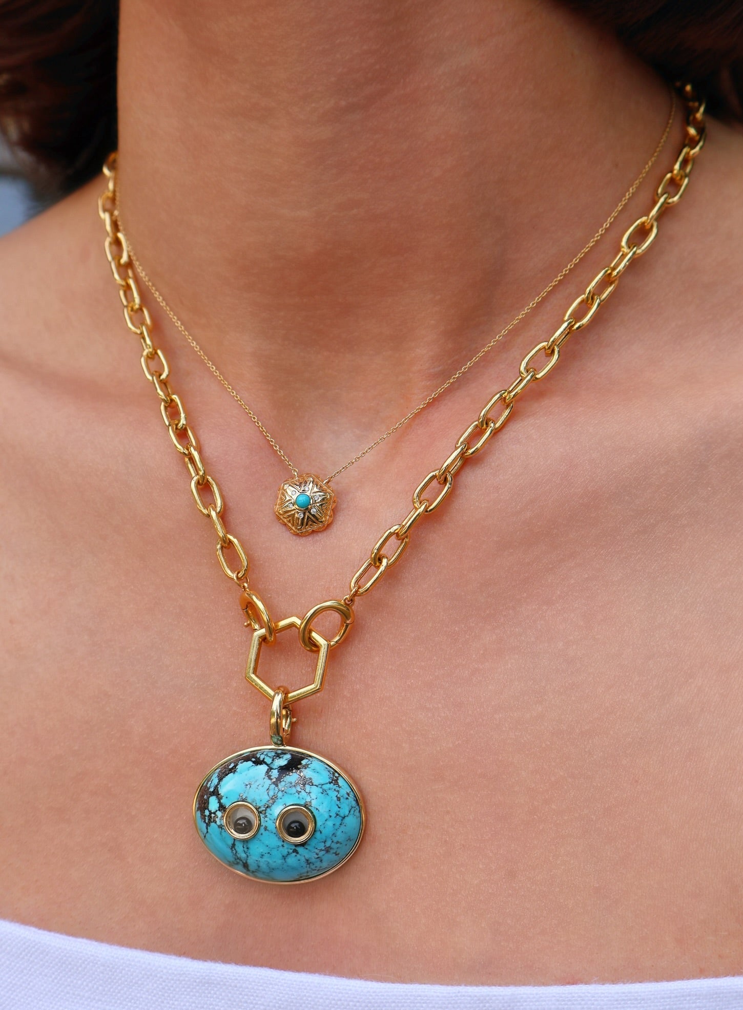 18k yellow gold diamond and turquoise concho pendant necklace by harwell Godfrey Tiny Gods