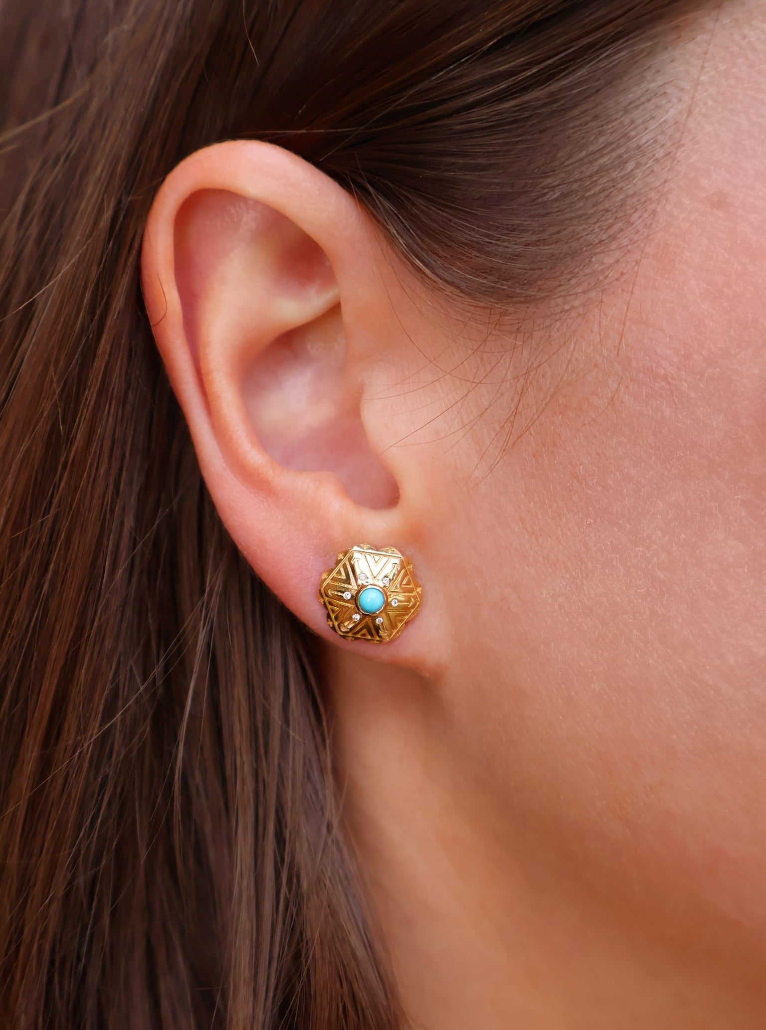 18k yellow gold diamond and turquoise concho stud earrings by Harwell Godfrey Tiny Gods
