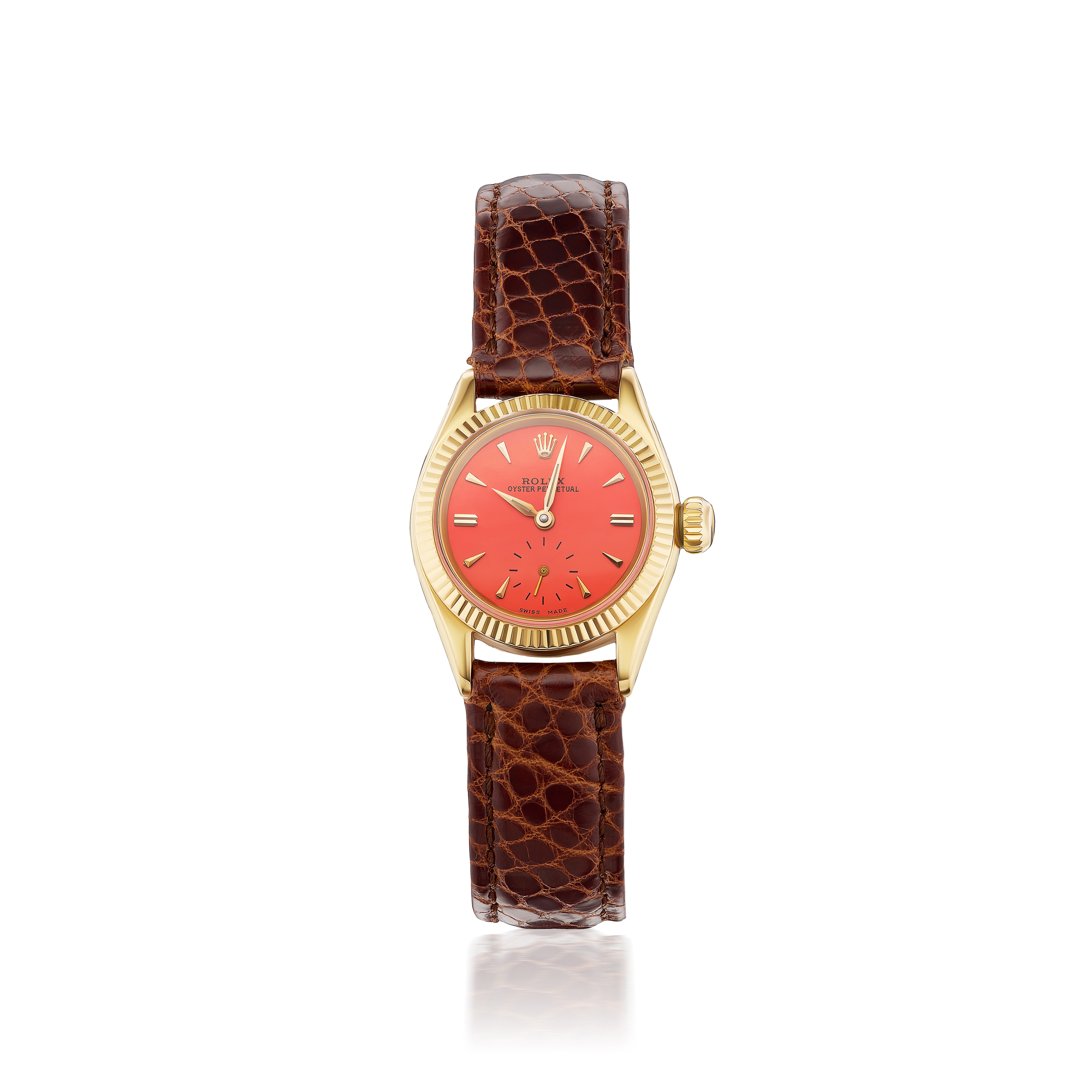 18k yellow gold coral dial brown alligator leather strap vintage 1960's Rolex Oyster Perpetual watch Tiny Gods